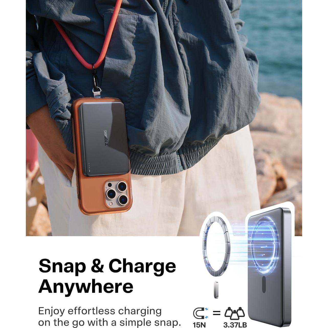 TORRAS MiniMag Power Bank,Ultra-Slim 10,000mAh Magnetic Wireless Portable Charger, 22.5W Fast Charging iPhone Air Magnetic Battery Pack Designed for iPhone 17 Pro Max/17 Pro/Air/16/15/14/13/12, Gray