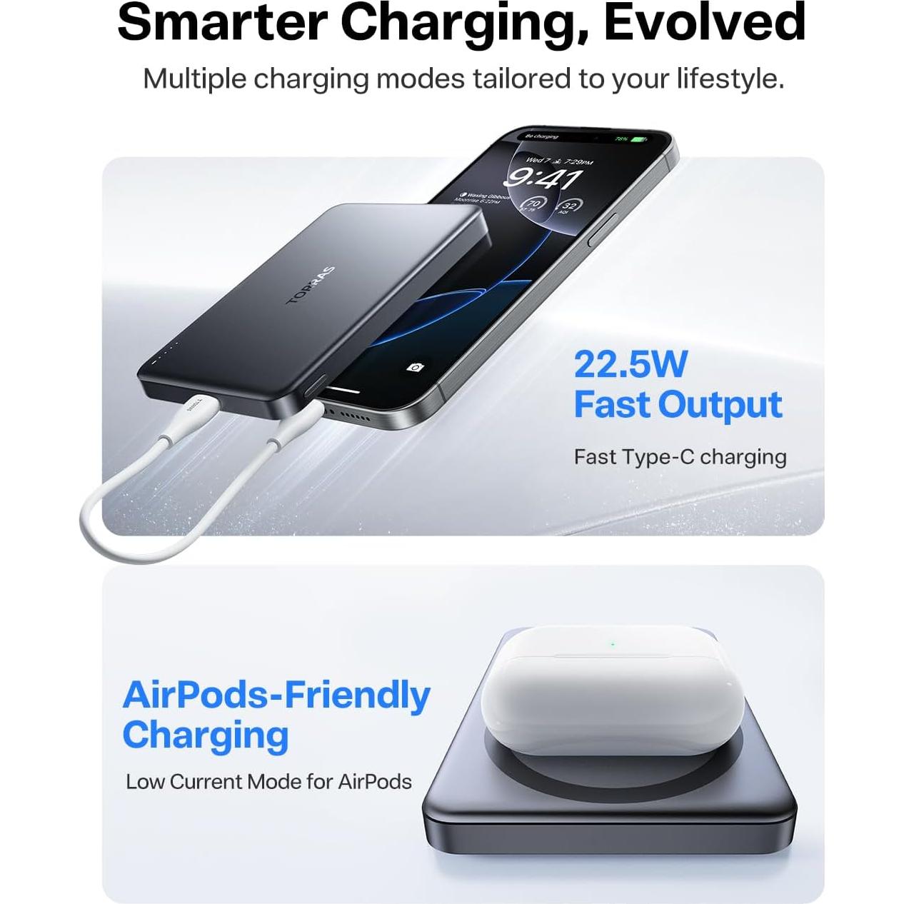 TORRAS MiniMag Power Bank,Ultra-Slim 10,000mAh Magnetic Wireless Portable Charger, 22.5W Fast Charging iPhone Air Magnetic Battery Pack Designed for iPhone 17 Pro Max/17 Pro/Air/16/15/14/13/12, Gray