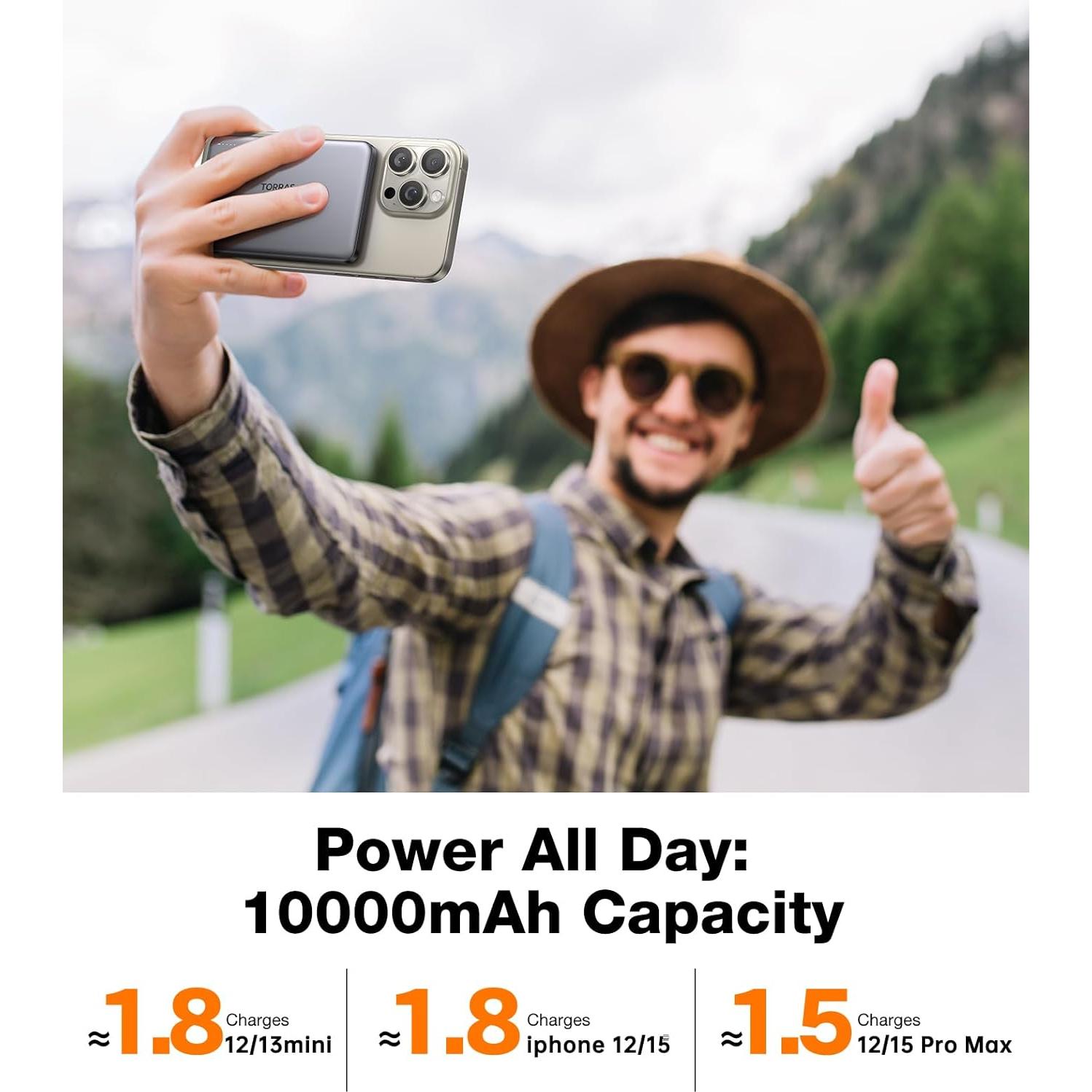 TORRAS MiniMag Power Bank,Ultra-Slim 10,000mAh Magnetic Wireless Portable Charger, 22.5W Fast Charging iPhone Air Magnetic Battery Pack Designed for iPhone 17 Pro Max/17 Pro/Air/16/15/14/13/12, Gray