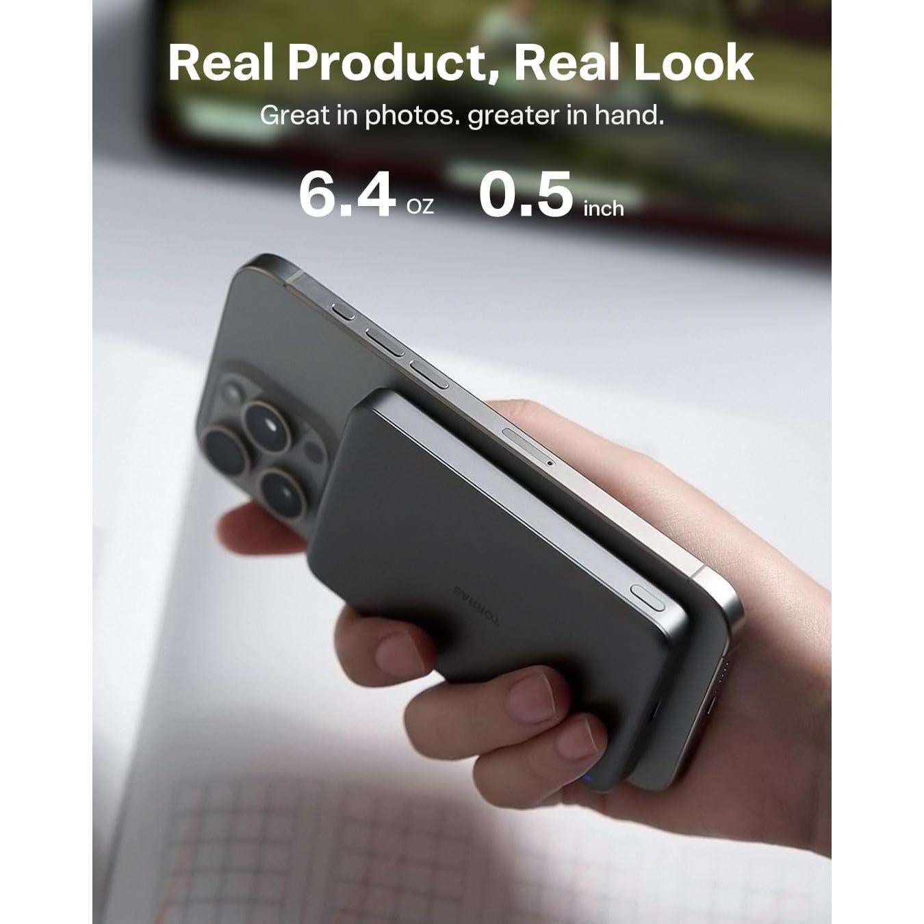 TORRAS MiniMag Power Bank,Ultra-Slim 10,000mAh Magnetic Wireless Portable Charger, 22.5W Fast Charging iPhone Air Magnetic Battery Pack Designed for iPhone 17 Pro Max/17 Pro/Air/16/15/14/13/12, Gray