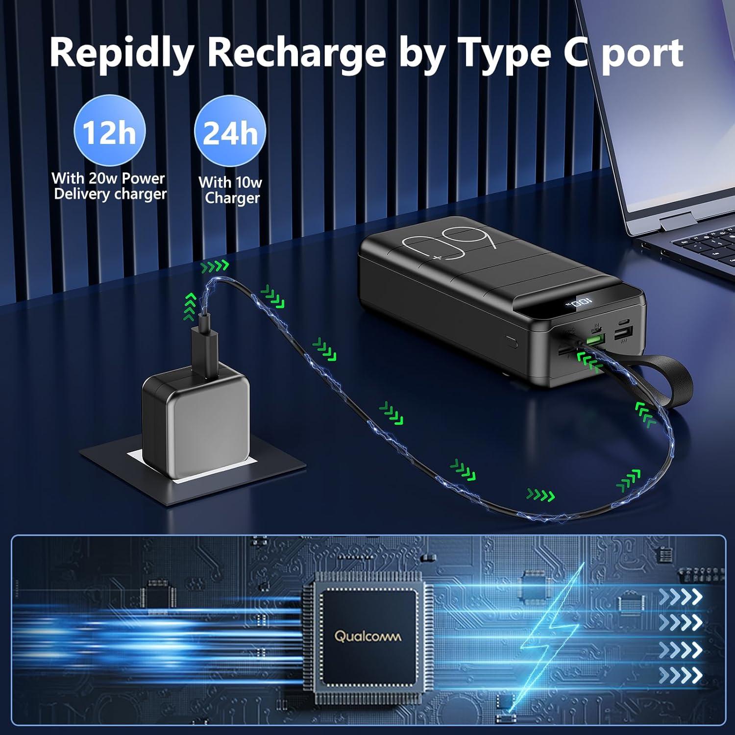 Banco de Energía 60000mAh Cargador Rápido con Linterna