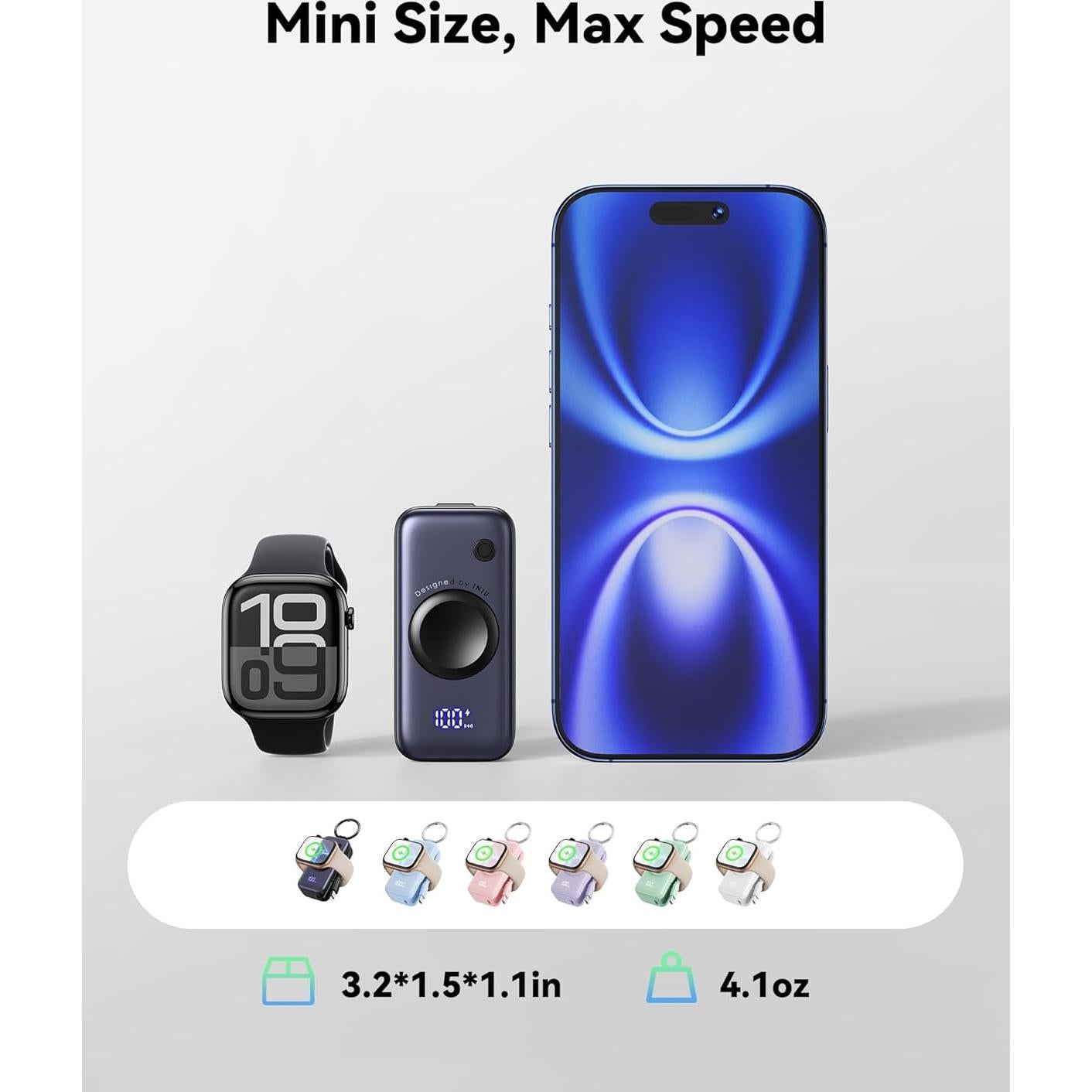 Portable Charger, 5000mAh 20W External Phone Battery Pack, PD Fast Charging Keychain Power Bank with USB C Cable and Watch Charger, for iPhone 17 16 15 Air, Apple Watch Ultra 11 10 9 8 SE, etc.