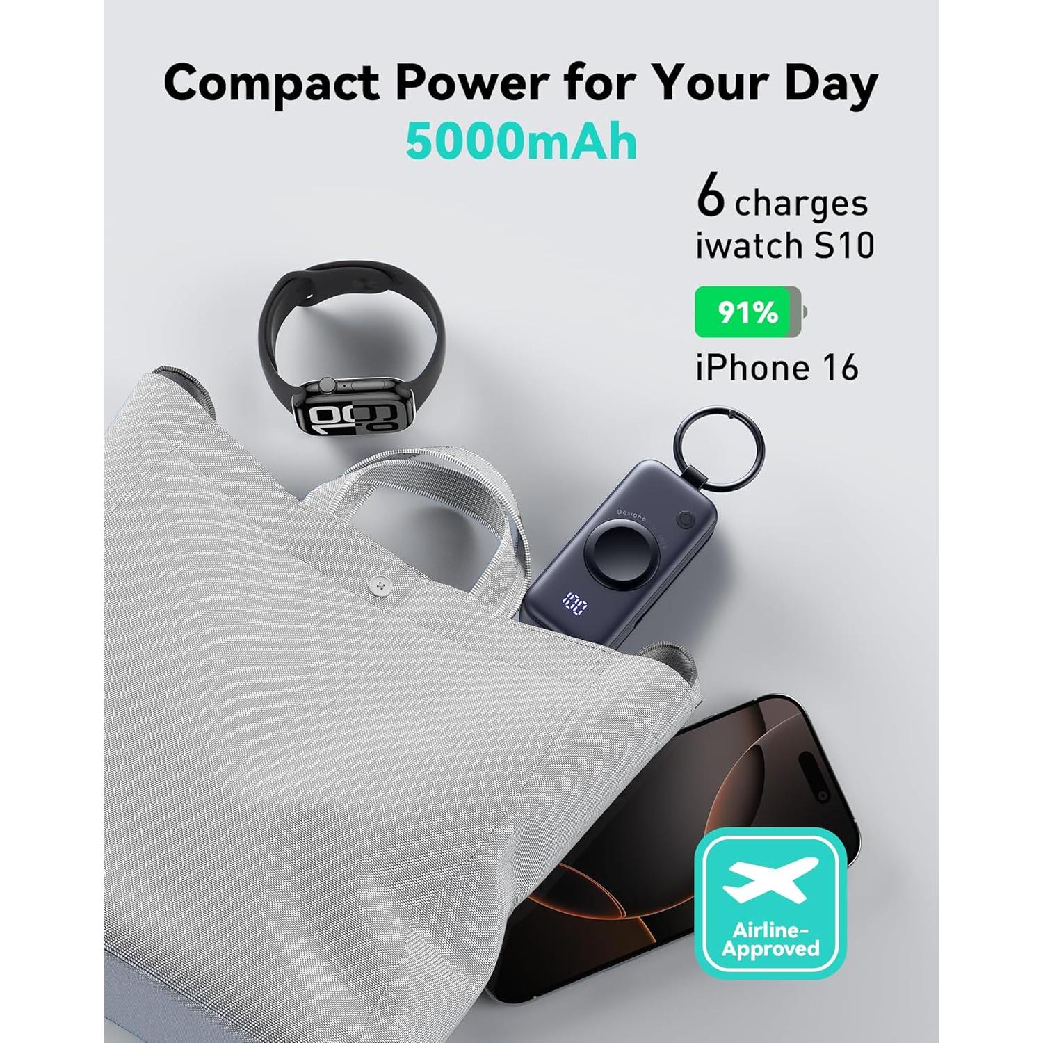 Portable Charger, 5000mAh 20W External Phone Battery Pack, PD Fast Charging Keychain Power Bank with USB C Cable and Watch Charger, for iPhone 17 16 15 Air, Apple Watch Ultra 11 10 9 8 SE, etc.