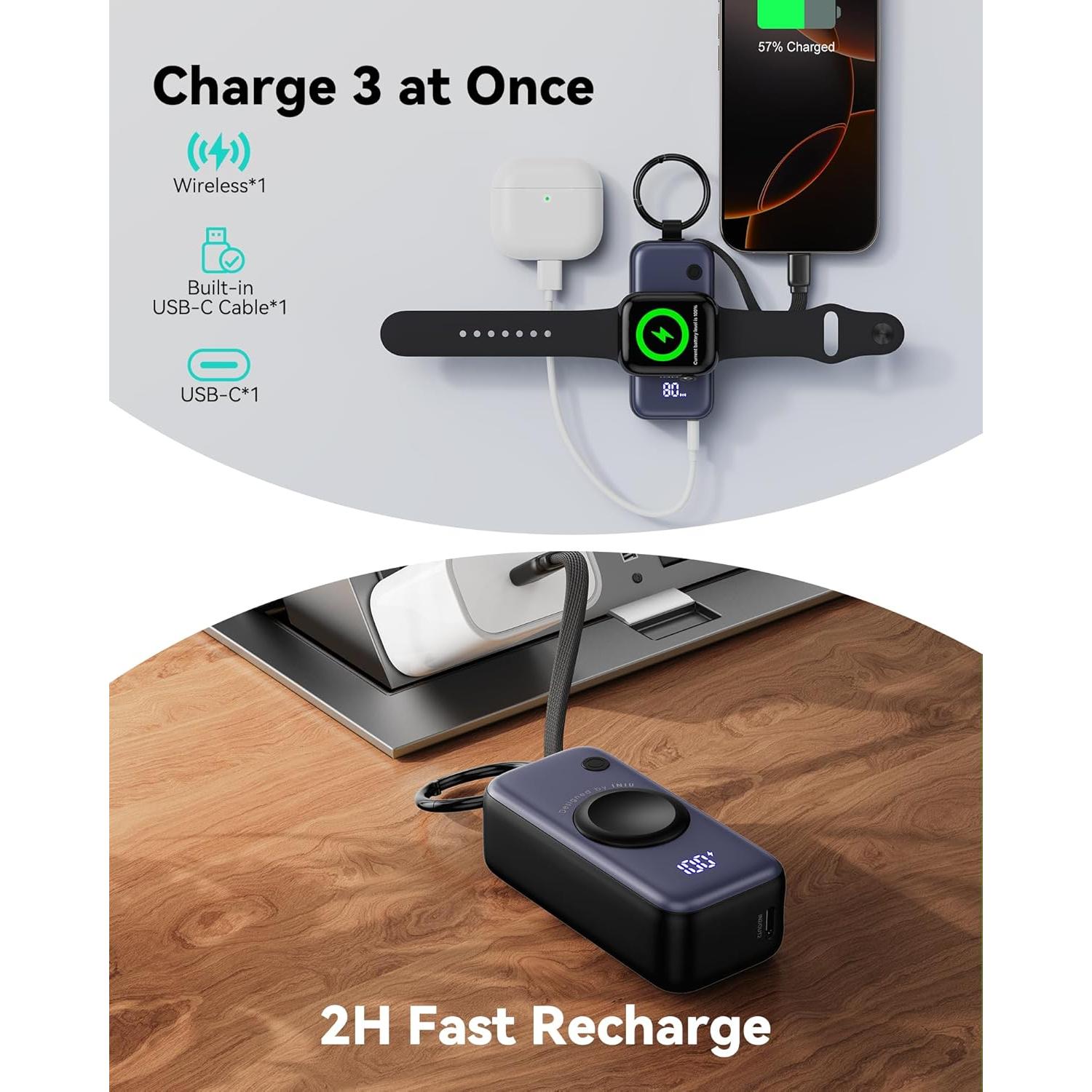 Portable Charger, 5000mAh 20W External Phone Battery Pack, PD Fast Charging Keychain Power Bank with USB C Cable and Watch Charger, for iPhone 17 16 15 Air, Apple Watch Ultra 11 10 9 8 SE, etc.