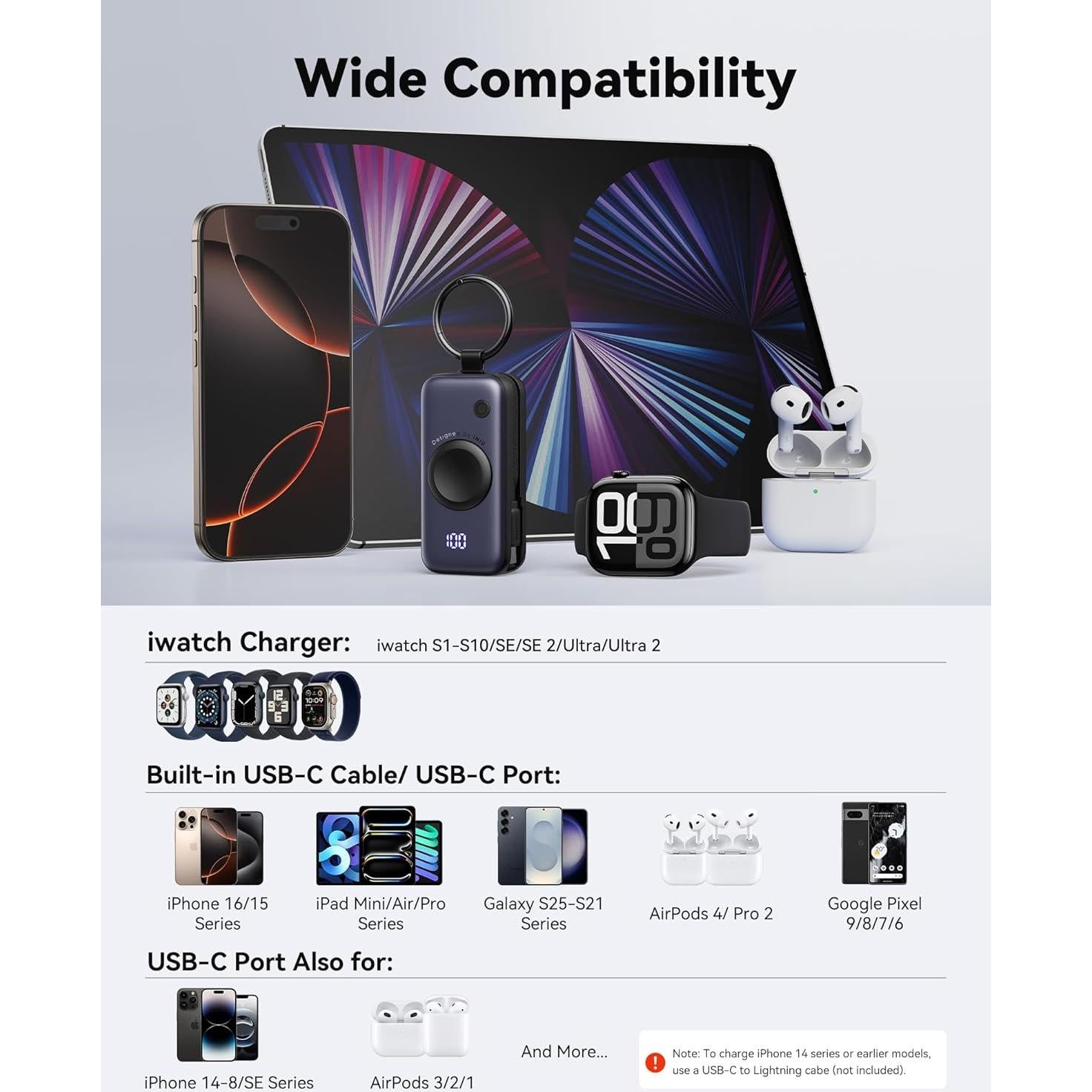 Portable Charger, 5000mAh 20W External Phone Battery Pack, PD Fast Charging Keychain Power Bank with USB C Cable and Watch Charger, for iPhone 17 16 15 Air, Apple Watch Ultra 11 10 9 8 SE, etc.