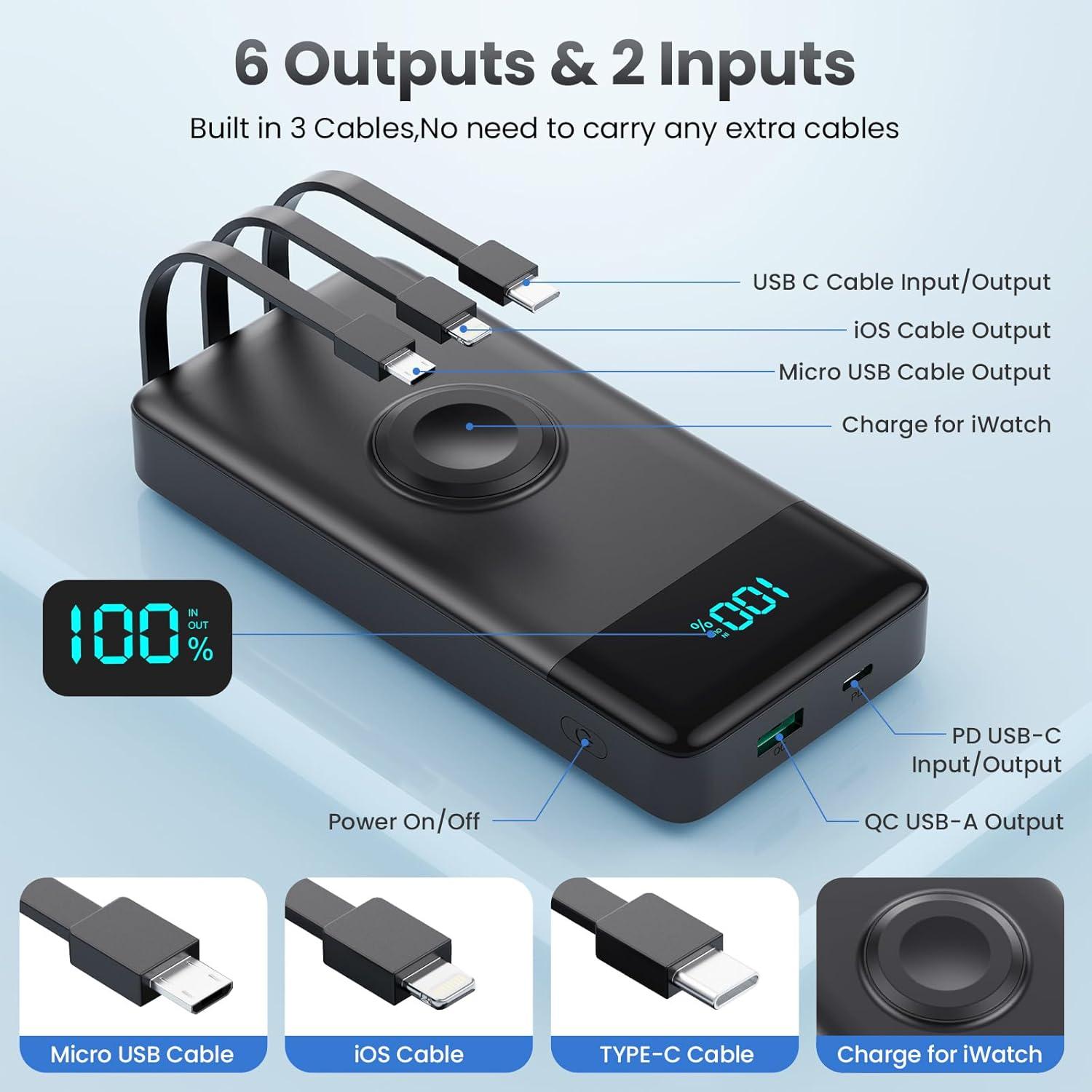 Cargador Portátil 10800mAh QC4.0 PD 25W con Cables Integrados