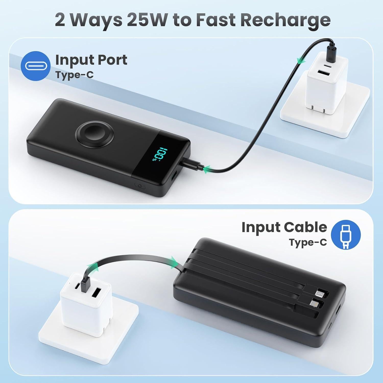 Cargador Portátil 10800mAh QC4.0 PD 25W con Cables Integrados