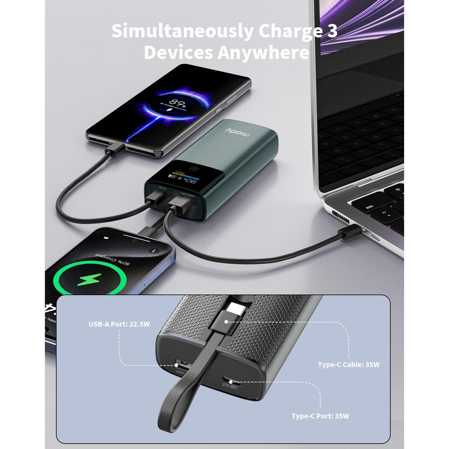 Cargador Portátil Miady 10000mAh Carga Rápida PD 35W USB-C