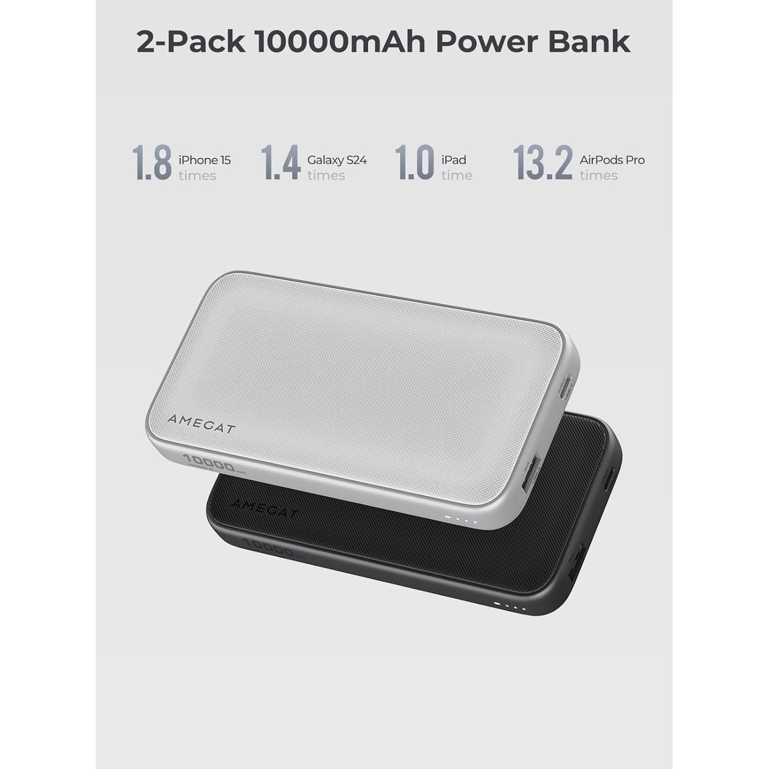 2 Pack Portable Charger, 10000mAh USB C Power Bank Ultra Slim 15W External Charging Battery Pack for iPhone 17/16/15/14/13, Galaxy S25/24, Pixel and More