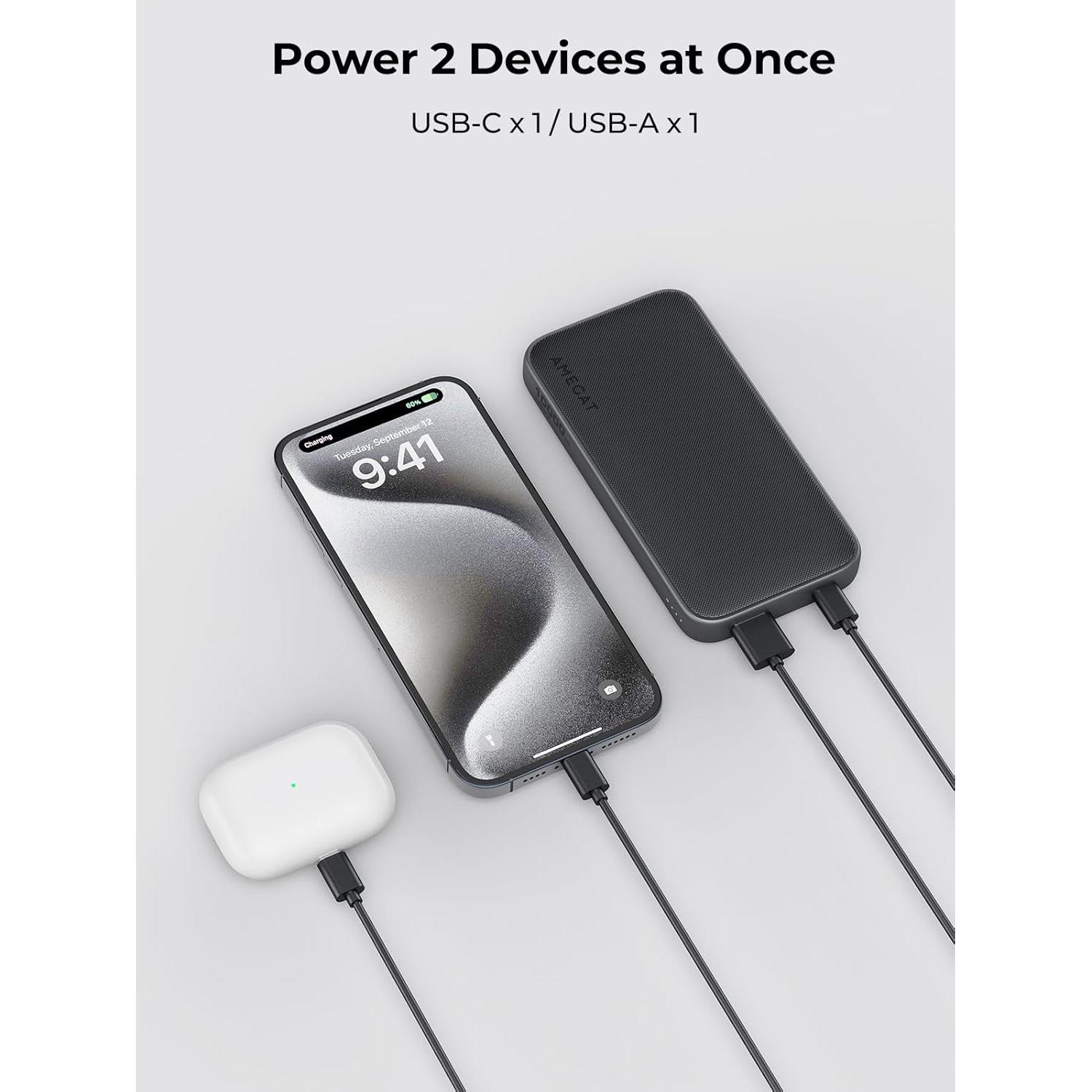 2 Pack Portable Charger, 10000mAh USB C Power Bank Ultra Slim 15W External Charging Battery Pack for iPhone 17/16/15/14/13, Galaxy S25/24, Pixel and More