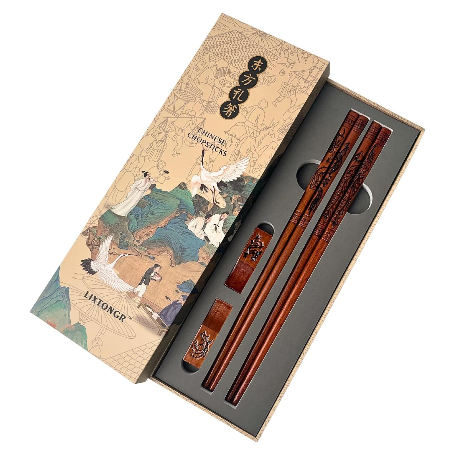 Juego de 2 pares de palillos de madera Dragón y Fénix 22 cm