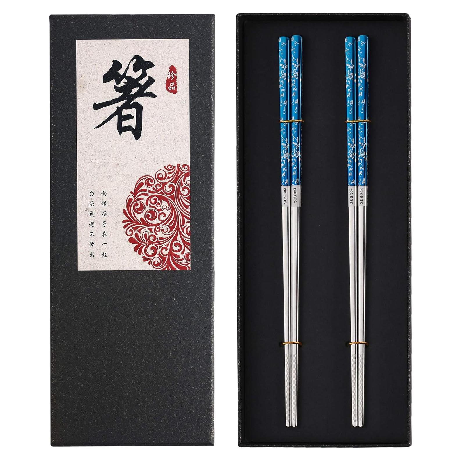 Palillos Metálicos Reutilizables Greatamzor 2 Pares Azul Plata