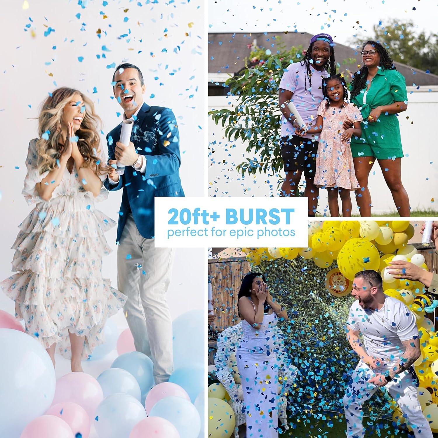 Cañón de Confeti Revelación de Género PrimePure - 4 Corazones Azules