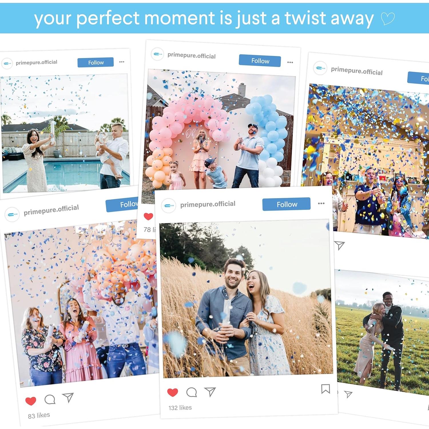 Cañón de Confeti Revelación de Género PrimePure - 4 Corazones Azules