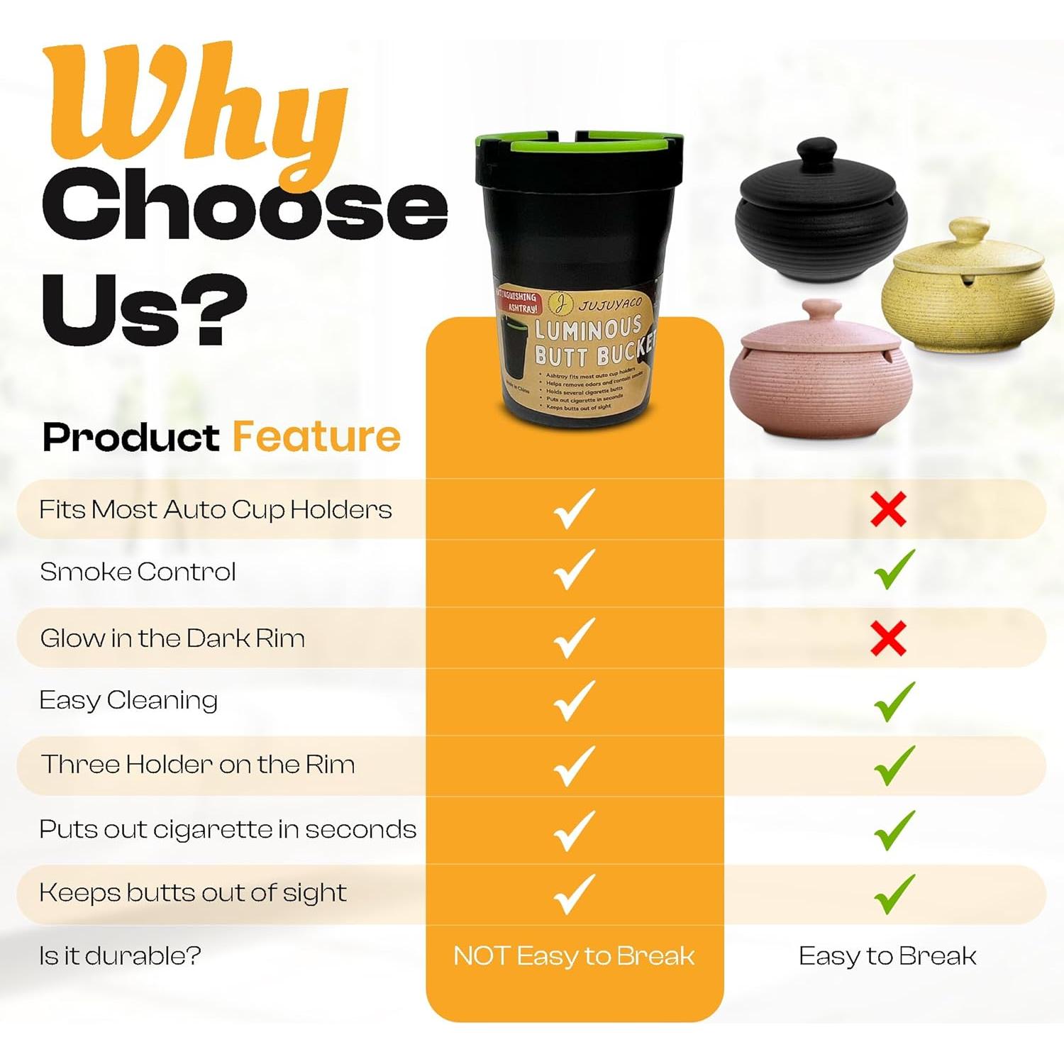 Ceniceros Butt Bucket JUJUYACO - Paquete de 3, Negro, Sin Humo