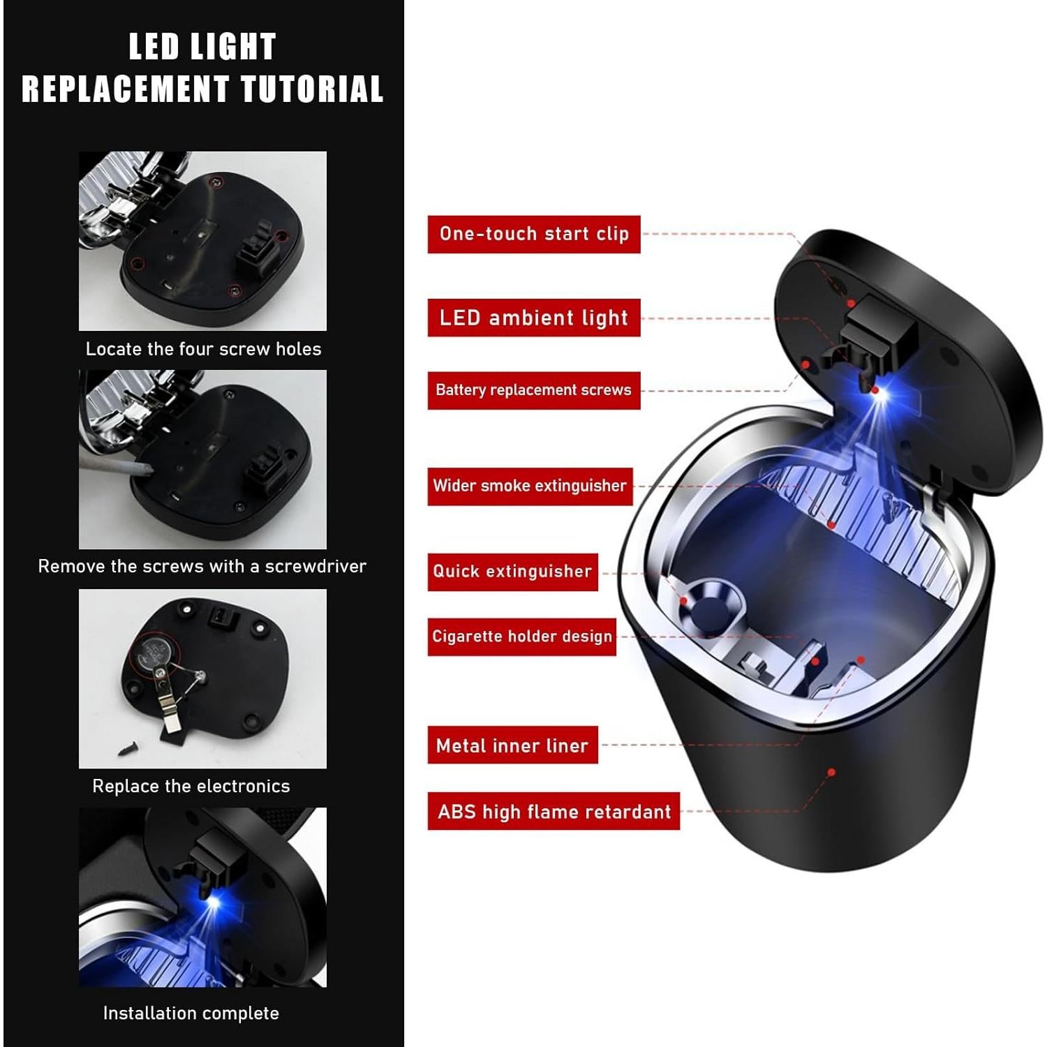 Cenicero de coche Ohleats con luz LED y tapa a prueba de olores