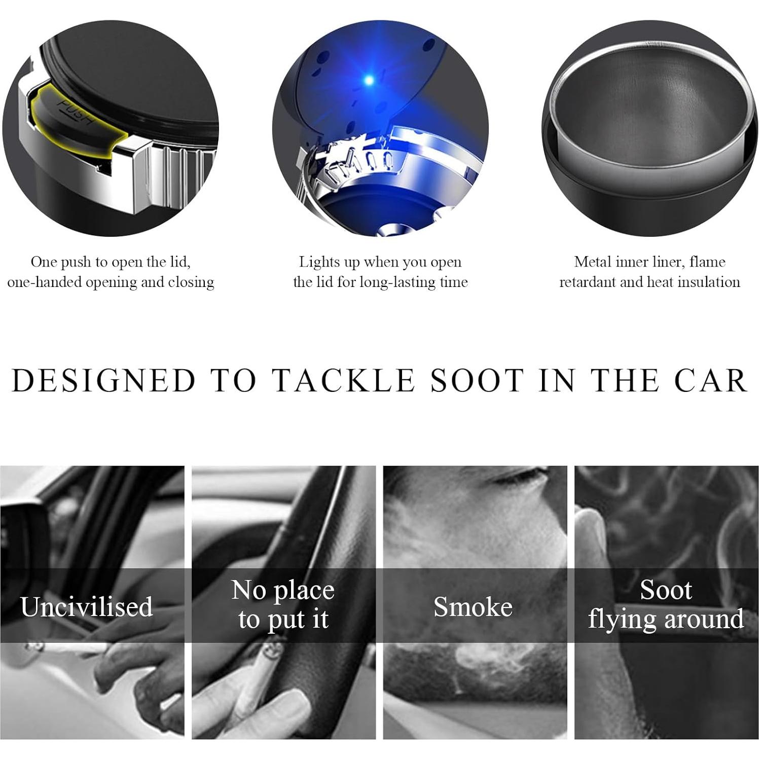 Cenicero de coche Ohleats con tapa y luz LED azul