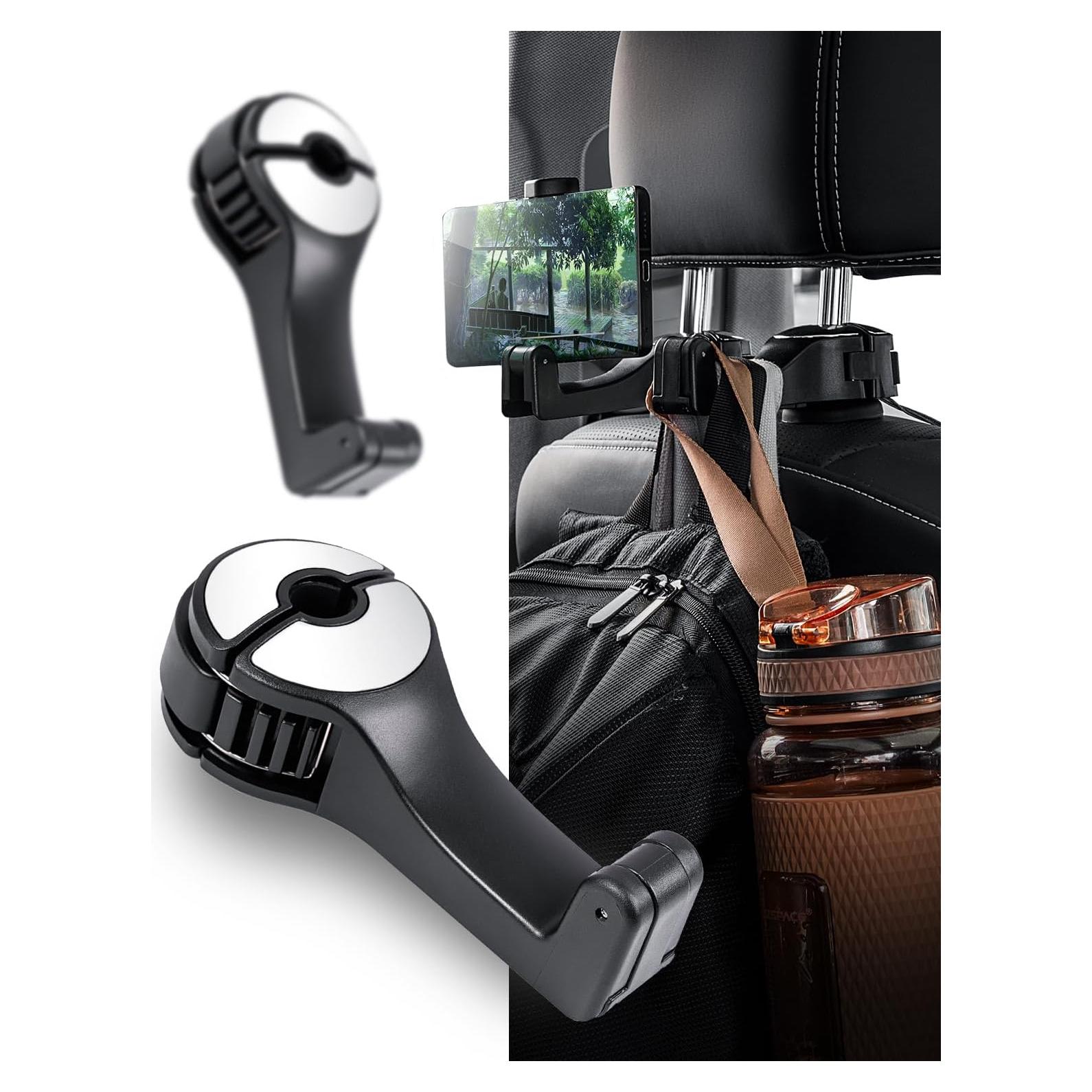 2 in 1 Car Headrest Hidden Hook Universal Car Back Seat Hooks, 360° Rotation Adjustable Hanger Rear Hook, Cell Phone Holder and Versatile Storage for Purses, Bags, Toys and Others, 1 PCS