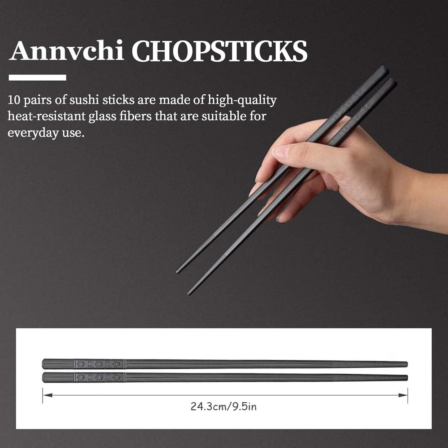 Juego de 10 Palillos Reutilizables Annvchi 24.3 cm Negro