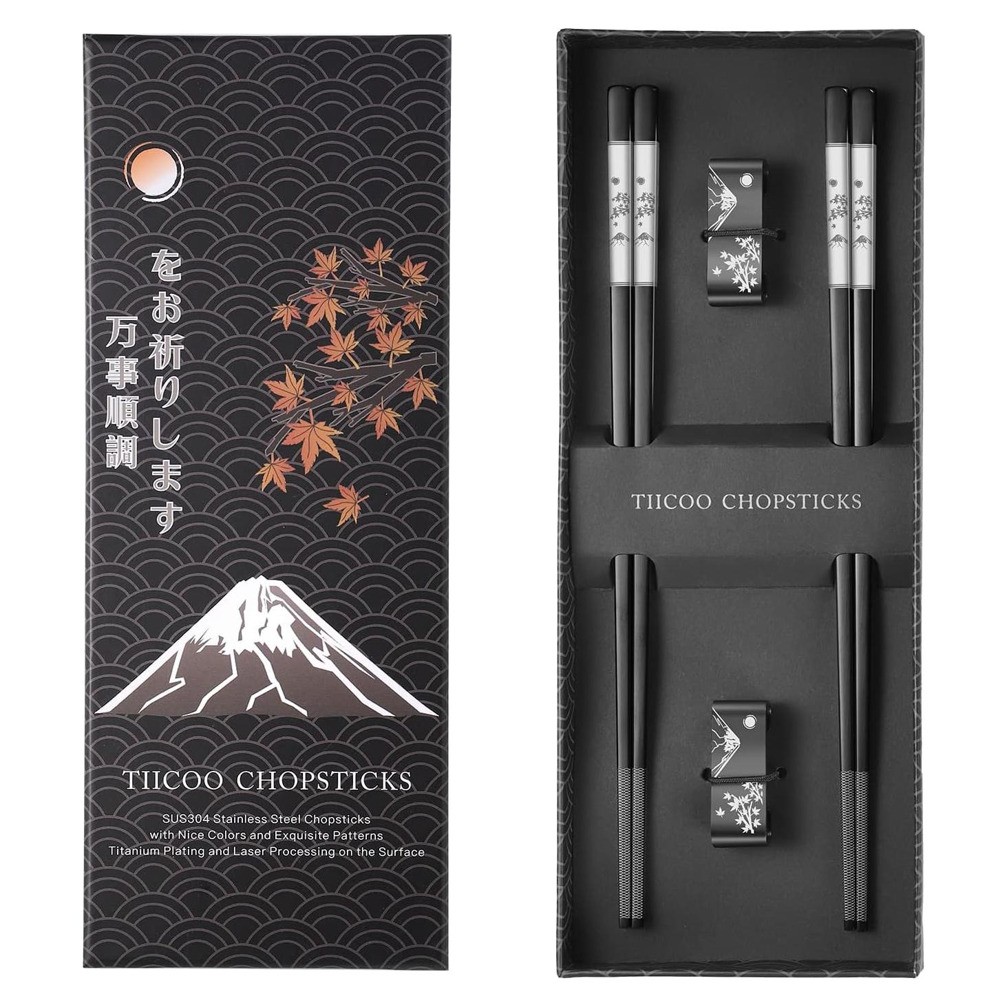 Juego de Palillos de Acero Inoxidable TIICOO 23.5 cm Negro