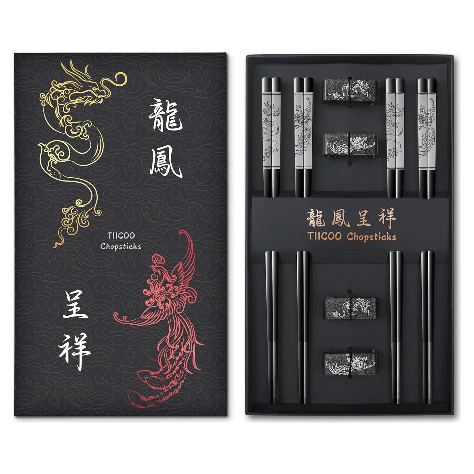 Juego de Palillos de Acero Inoxidable TIICOO Dragón y Fénix