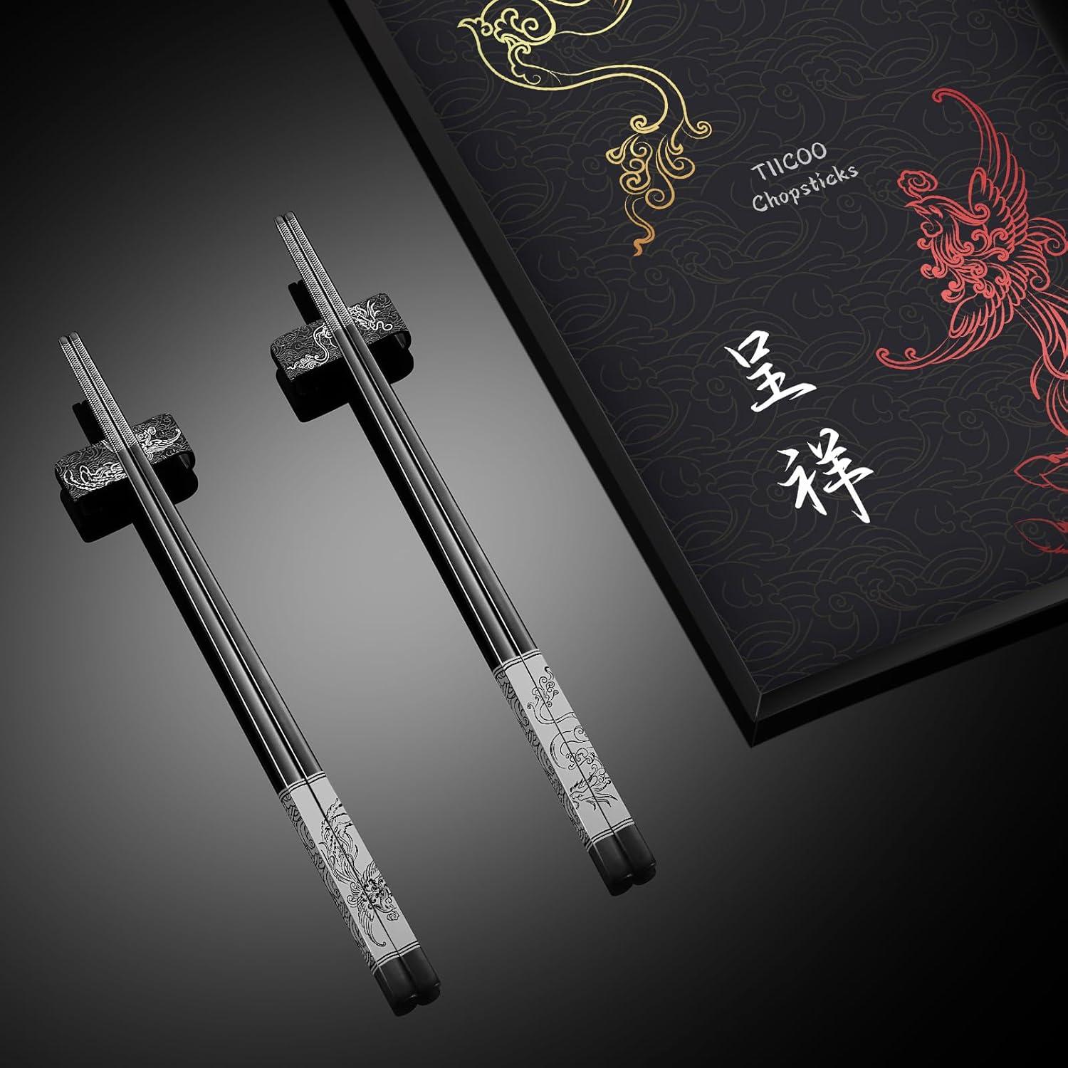 Juego de Palillos de Acero Inoxidable TIICOO Dragón y Fénix