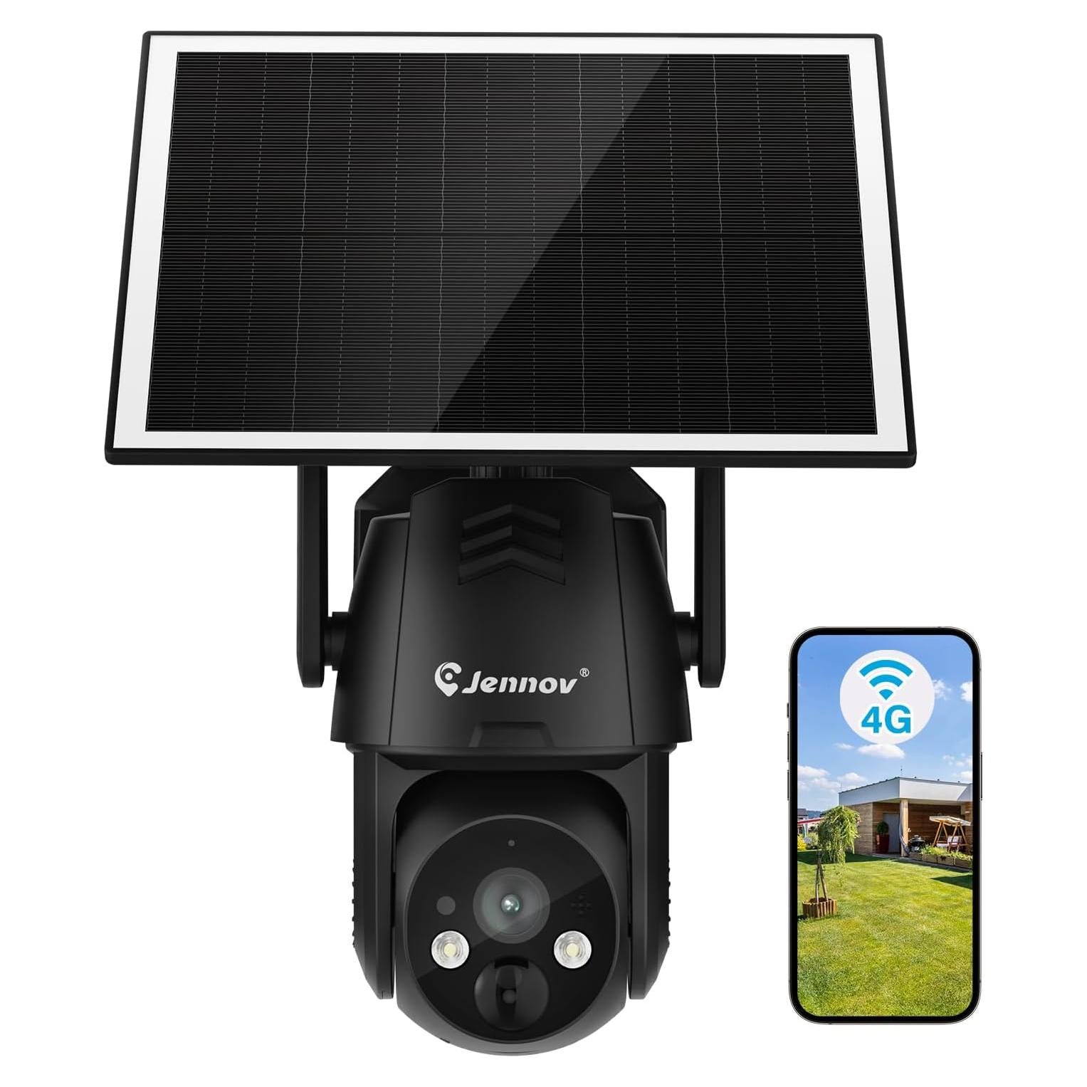 Jennov 4G LTE Cellular Wireless Solar Security Cameras Outdoor, 2K No WiFi Camera Home Security with Color Night Vision/PIR Human Body Sensing/AI Human Detection for jobsite barns Farms Garage& RV