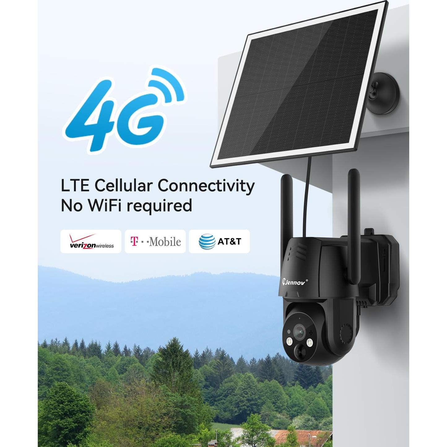 Jennov 4G LTE Cellular Wireless Solar Security Cameras Outdoor, 2K No WiFi Camera Home Security with Color Night Vision/PIR Human Body Sensing/AI Human Detection for jobsite barns Farms Garage& RV