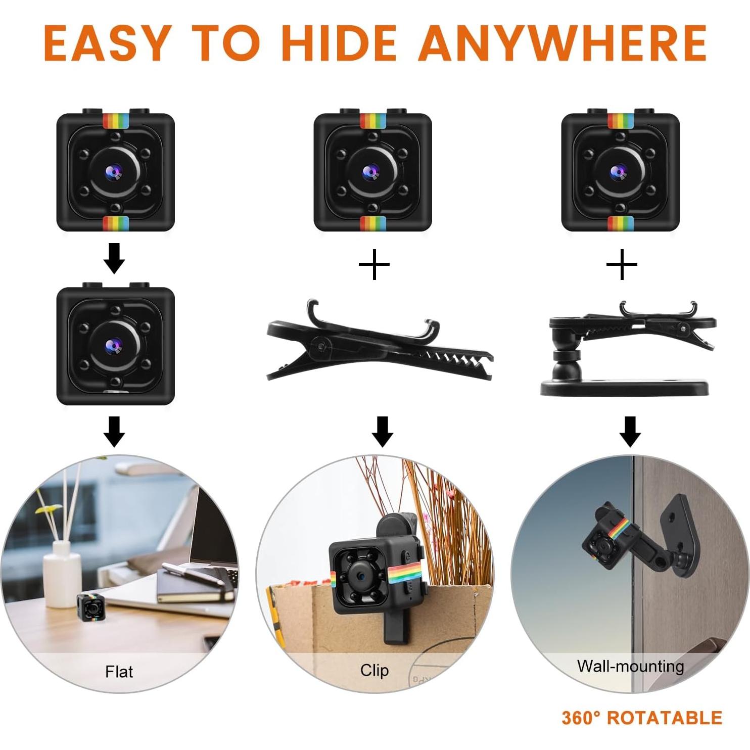 No WiFi Security Camera, Mini Spy Camera with 32GB SD Card, 1080P Video, 12MP Photo, 140° Wide Angle, Night Vision, Motion Detection, 360° Rotating Bracket for Home & Outdoor Use