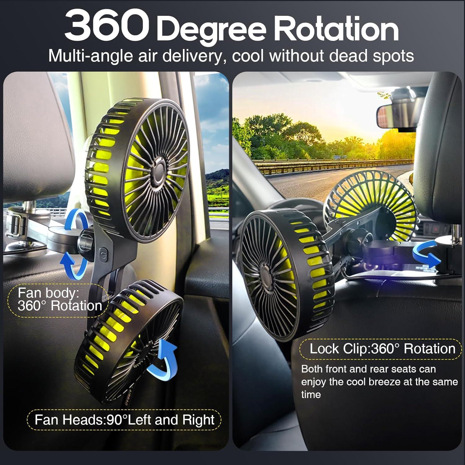 Ventilador de Coche Dealswin USB Doble Cabeza 360° Amarillo