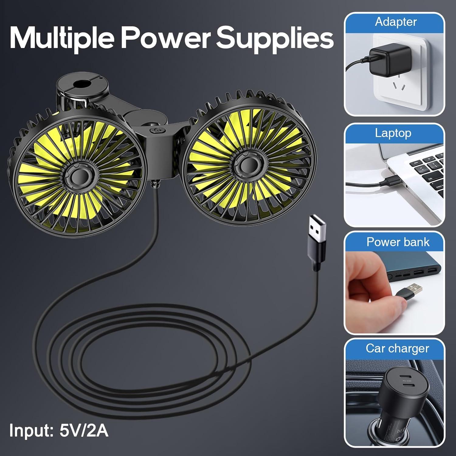 Ventilador de Coche Dealswin USB Doble Cabeza 360° Amarillo