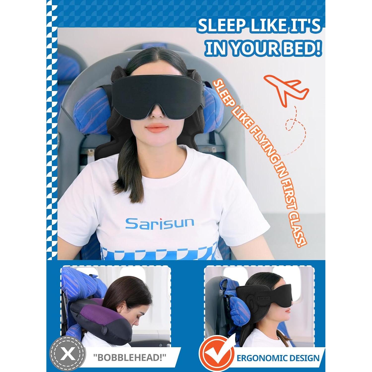 Almohada de viaje SARISUN con máscara para ojos, azul