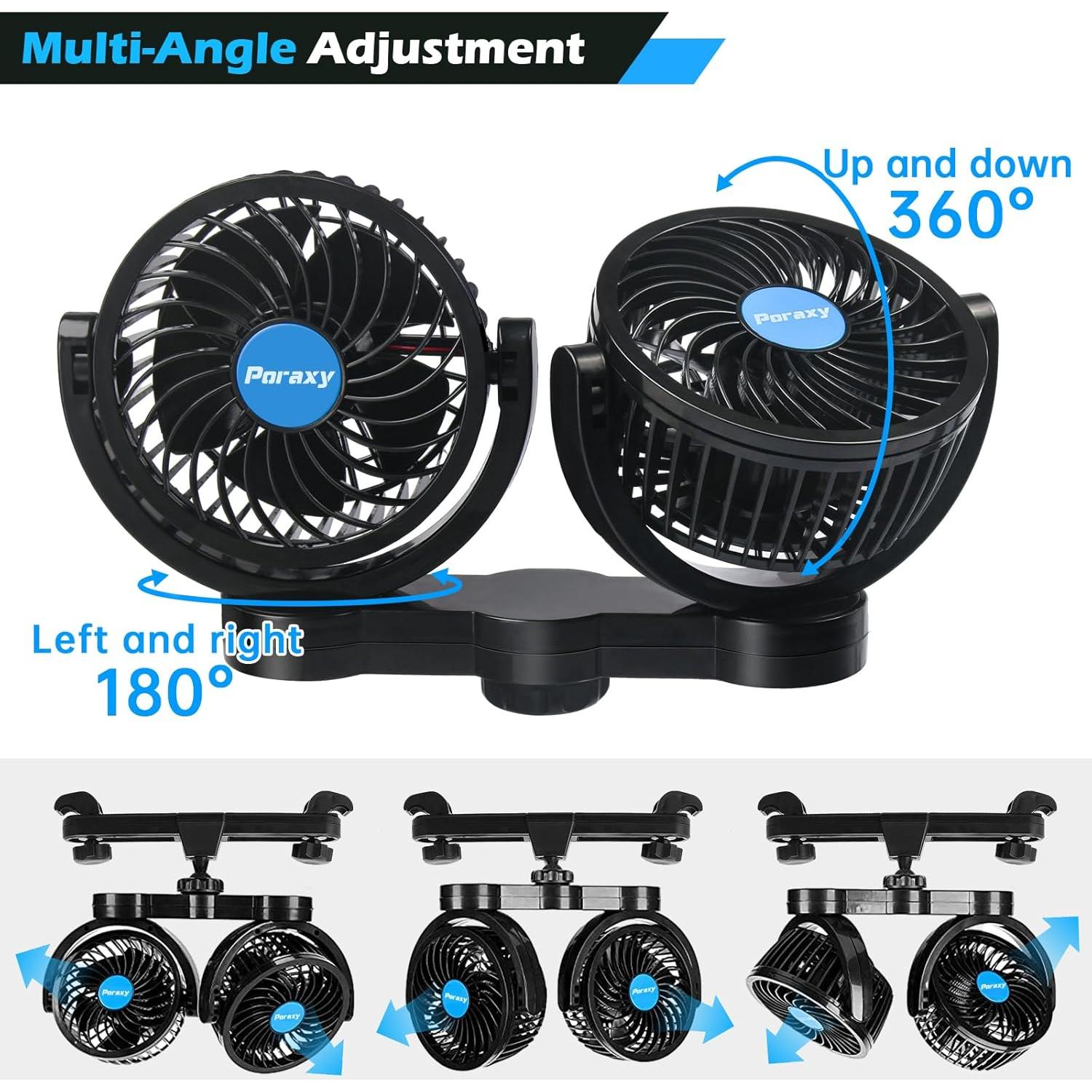 Ventilador de Coche Poraxy Doble Cabeza 12V para Asientos Traseros