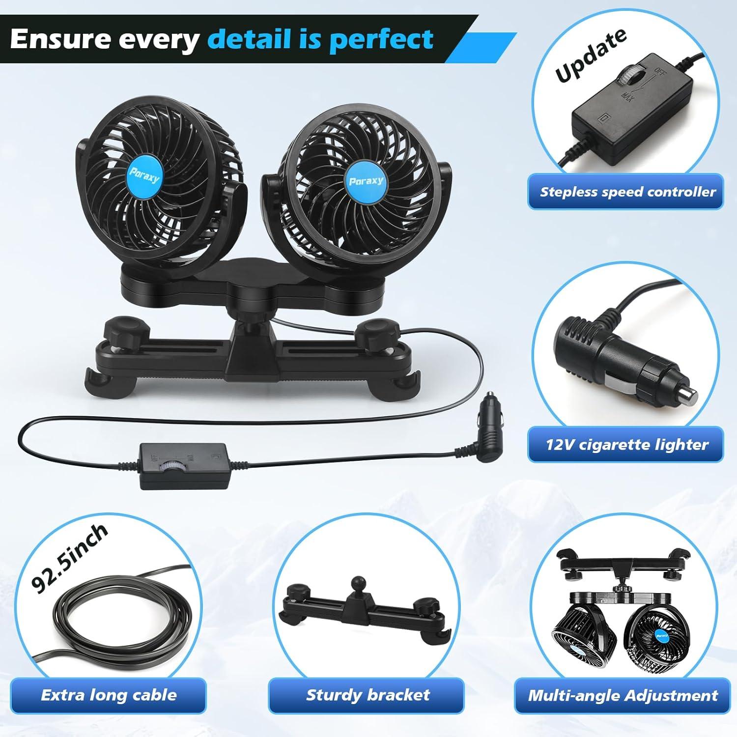 Ventilador de Coche Poraxy Doble Cabeza 12V para Asientos Traseros