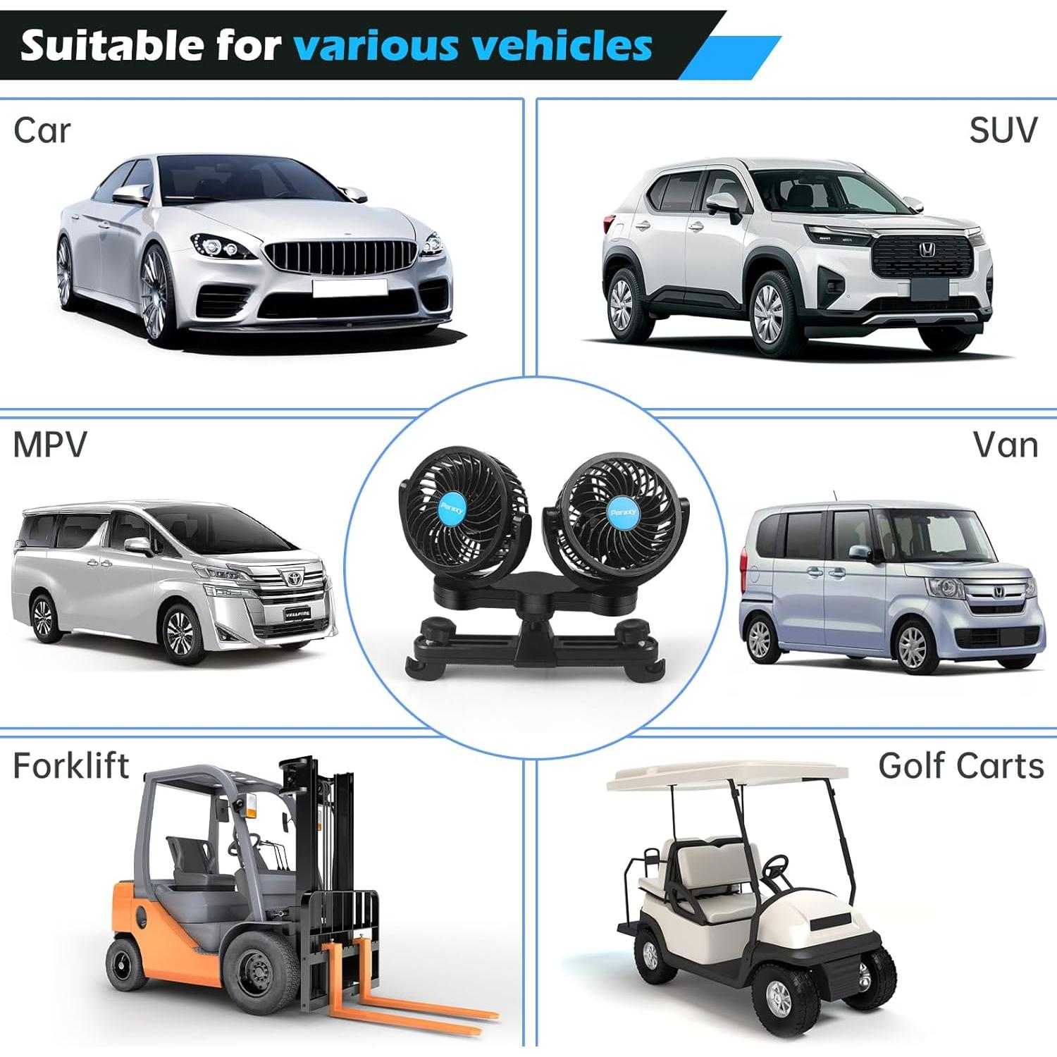 Ventilador de Coche Poraxy Doble Cabeza 12V para Asientos Traseros