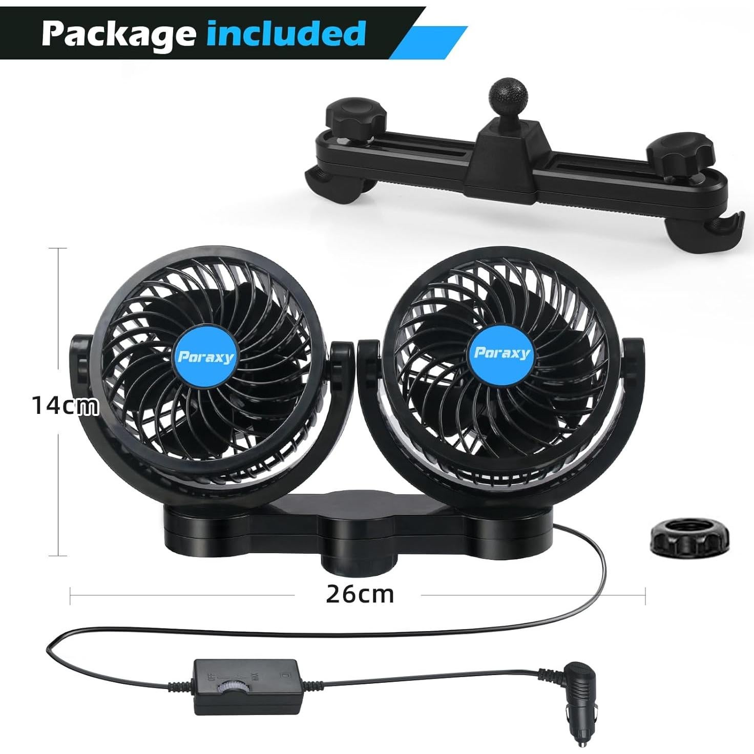 Ventilador de Coche Poraxy Doble Cabeza 12V para Asientos Traseros
