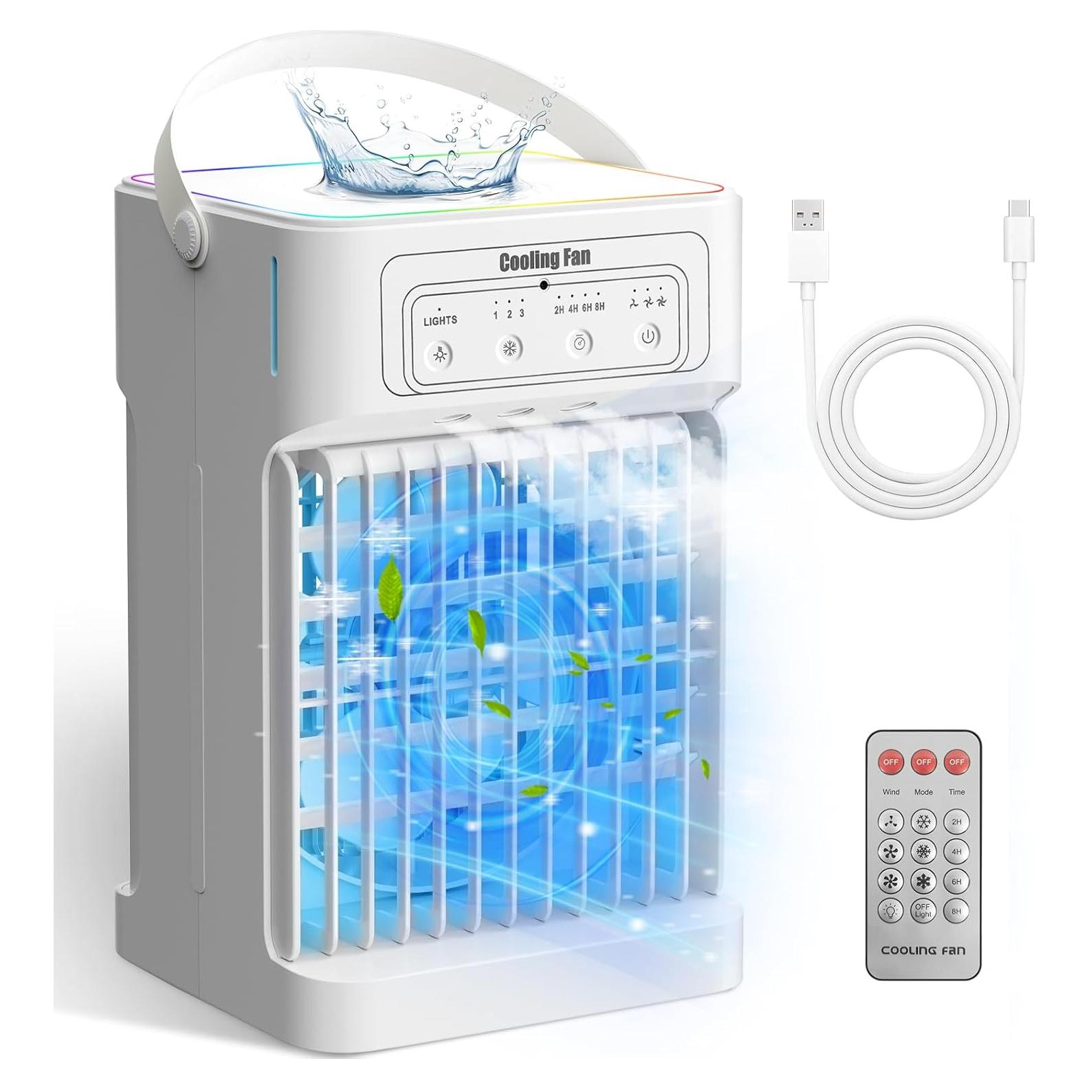 Portable Air Conditioners,Dual-Motors Portable AC Unit 3in1 Mini Air Conditioner portable for Room,Evaporative Air Cooler with Remote,3 Mist,3 Speed,7 Lights,Larger Tank,2-8H Timer for Bedroom,Office