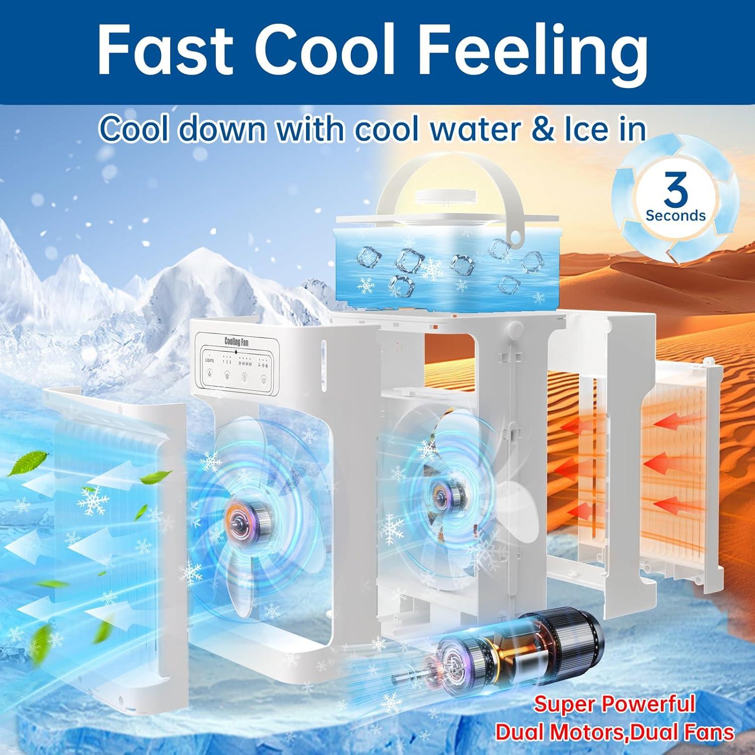 Portable Air Conditioners,Dual-Motors Portable AC Unit 3in1 Mini Air Conditioner portable for Room,Evaporative Air Cooler with Remote,3 Mist,3 Speed,7 Lights,Larger Tank,2-8H Timer for Bedroom,Office