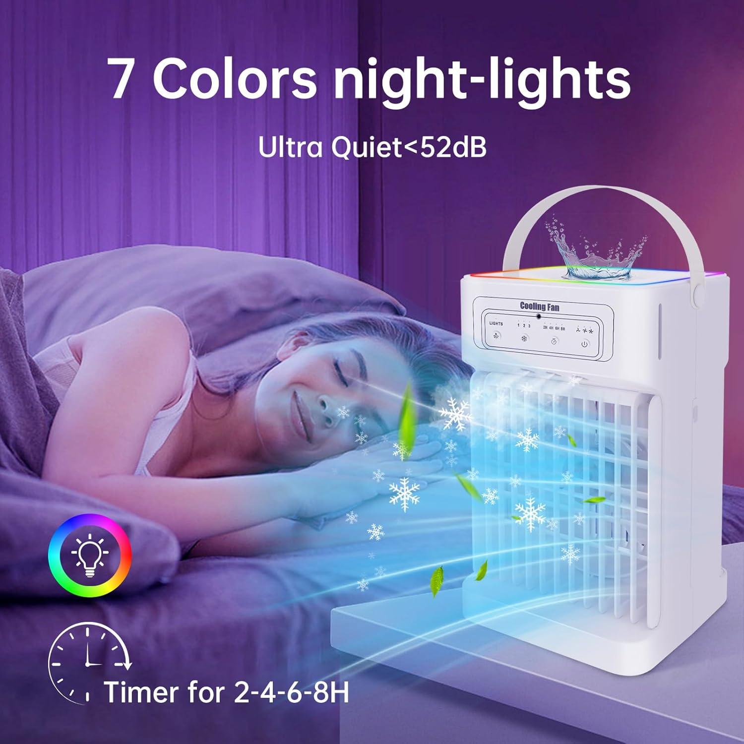 Portable Air Conditioners,Dual-Motors Portable AC Unit 3in1 Mini Air Conditioner portable for Room,Evaporative Air Cooler with Remote,3 Mist,3 Speed,7 Lights,Larger Tank,2-8H Timer for Bedroom,Office