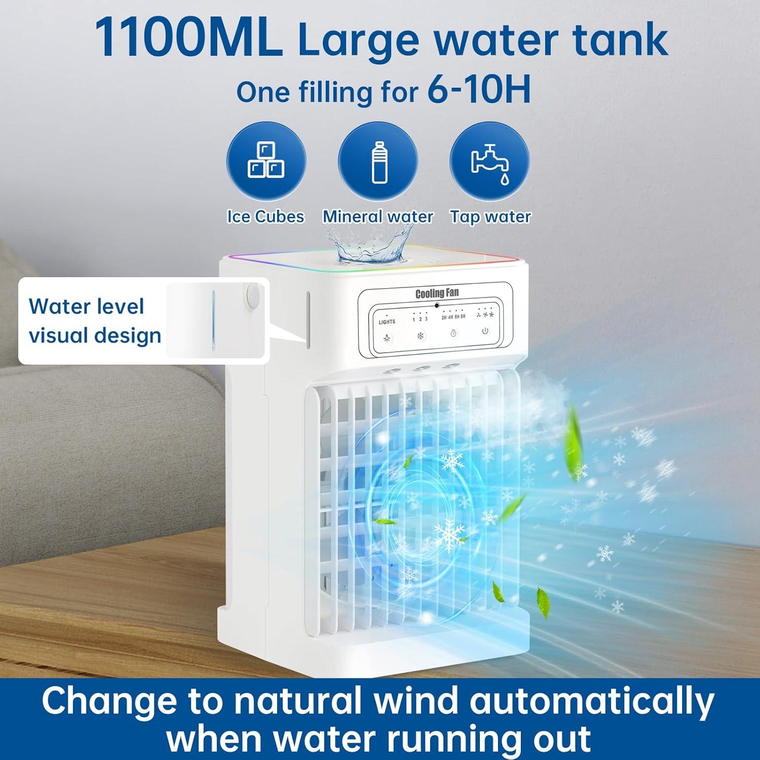 Portable Air Conditioners,Dual-Motors Portable AC Unit 3in1 Mini Air Conditioner portable for Room,Evaporative Air Cooler with Remote,3 Mist,3 Speed,7 Lights,Larger Tank,2-8H Timer for Bedroom,Office