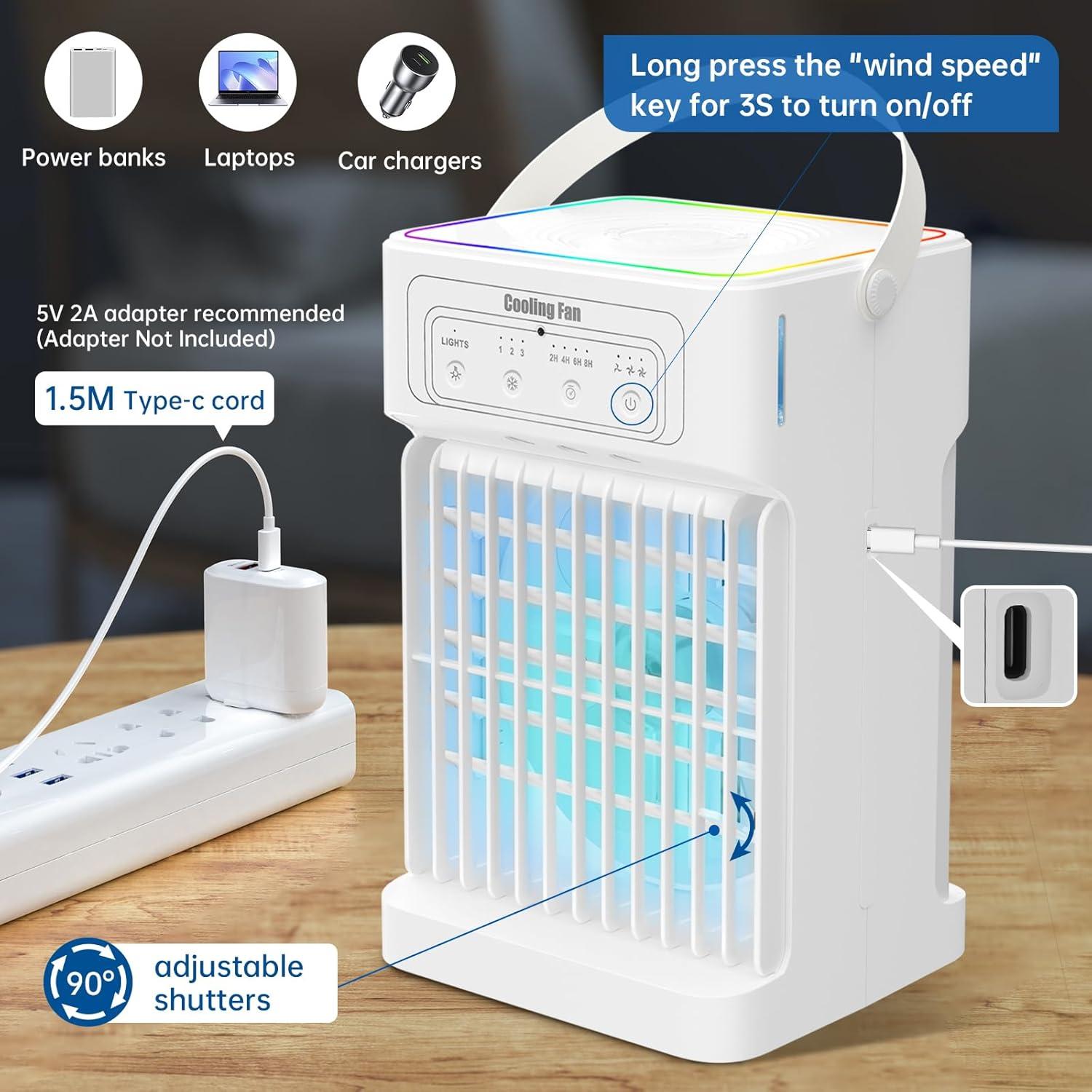 Portable Air Conditioners,Dual-Motors Portable AC Unit 3in1 Mini Air Conditioner portable for Room,Evaporative Air Cooler with Remote,3 Mist,3 Speed,7 Lights,Larger Tank,2-8H Timer for Bedroom,Office