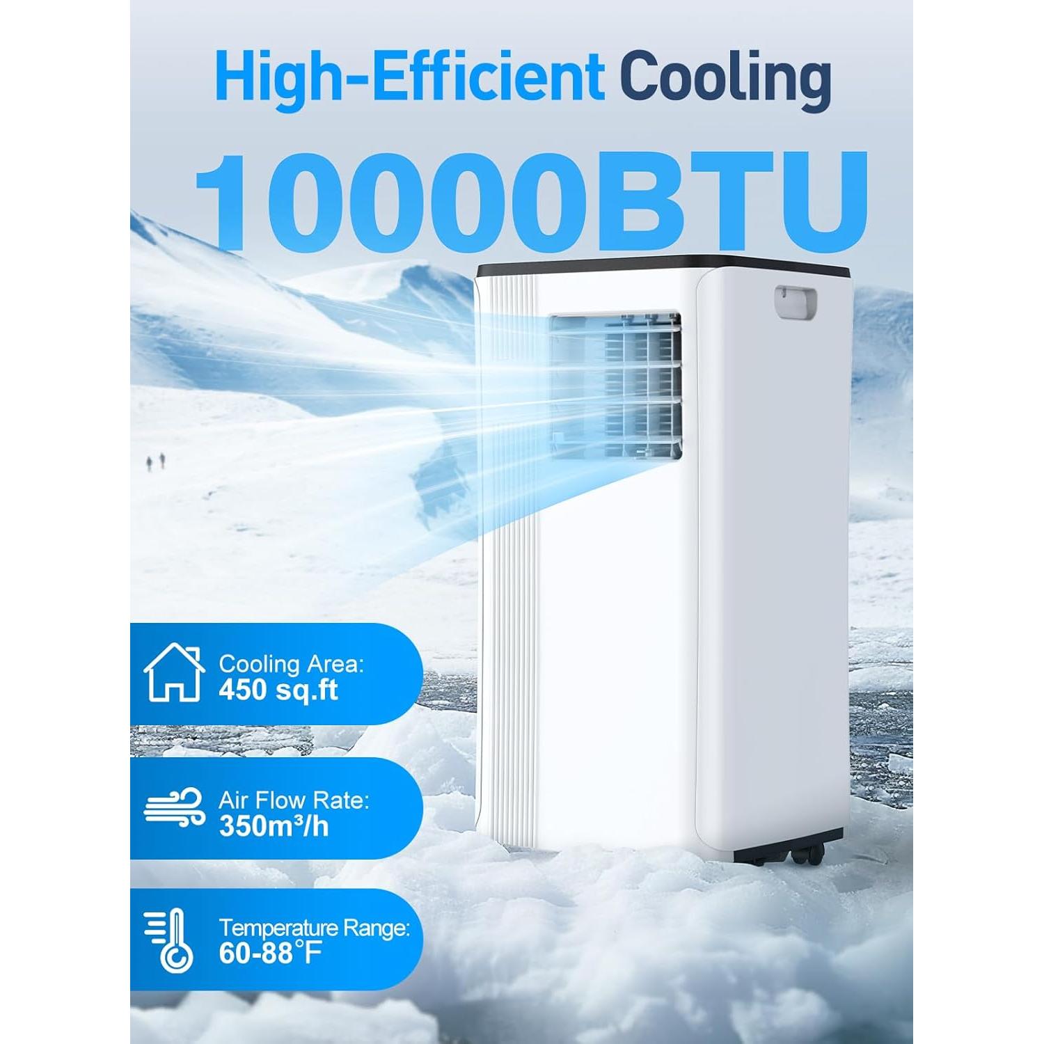 Portable Air Conditioners - 2025 Upgraded 10000 BTU Portable AC for Room up to 450 Sq. Ft, 3 in 1 AC Unit with 24H Timer, Smart Sleep Mode, Remote Control, Air Cooler for Bedroom Kitchen Small-Rooms