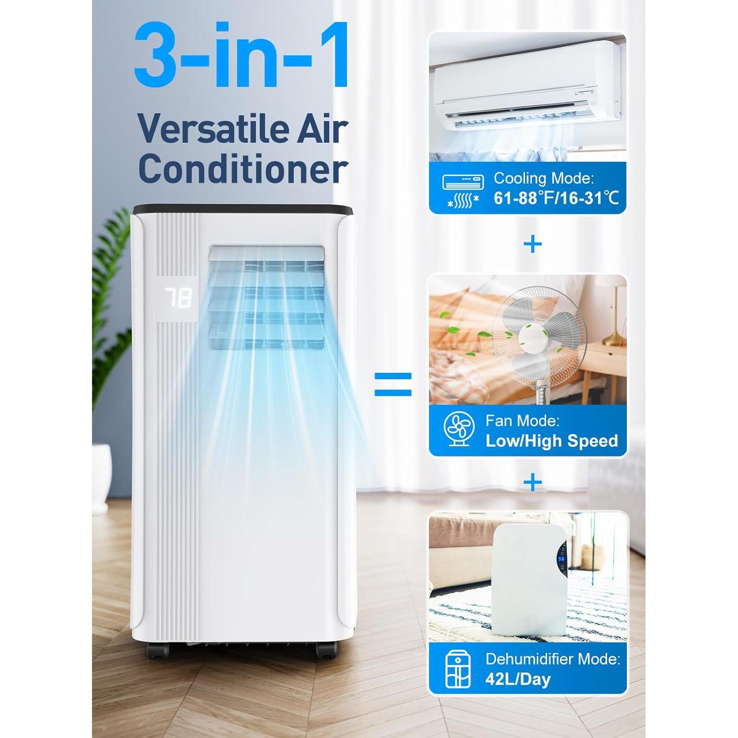 Portable Air Conditioners - 2025 Upgraded 10000 BTU Portable AC for Room up to 450 Sq. Ft, 3 in 1 AC Unit with 24H Timer, Smart Sleep Mode, Remote Control, Air Cooler for Bedroom Kitchen Small-Rooms