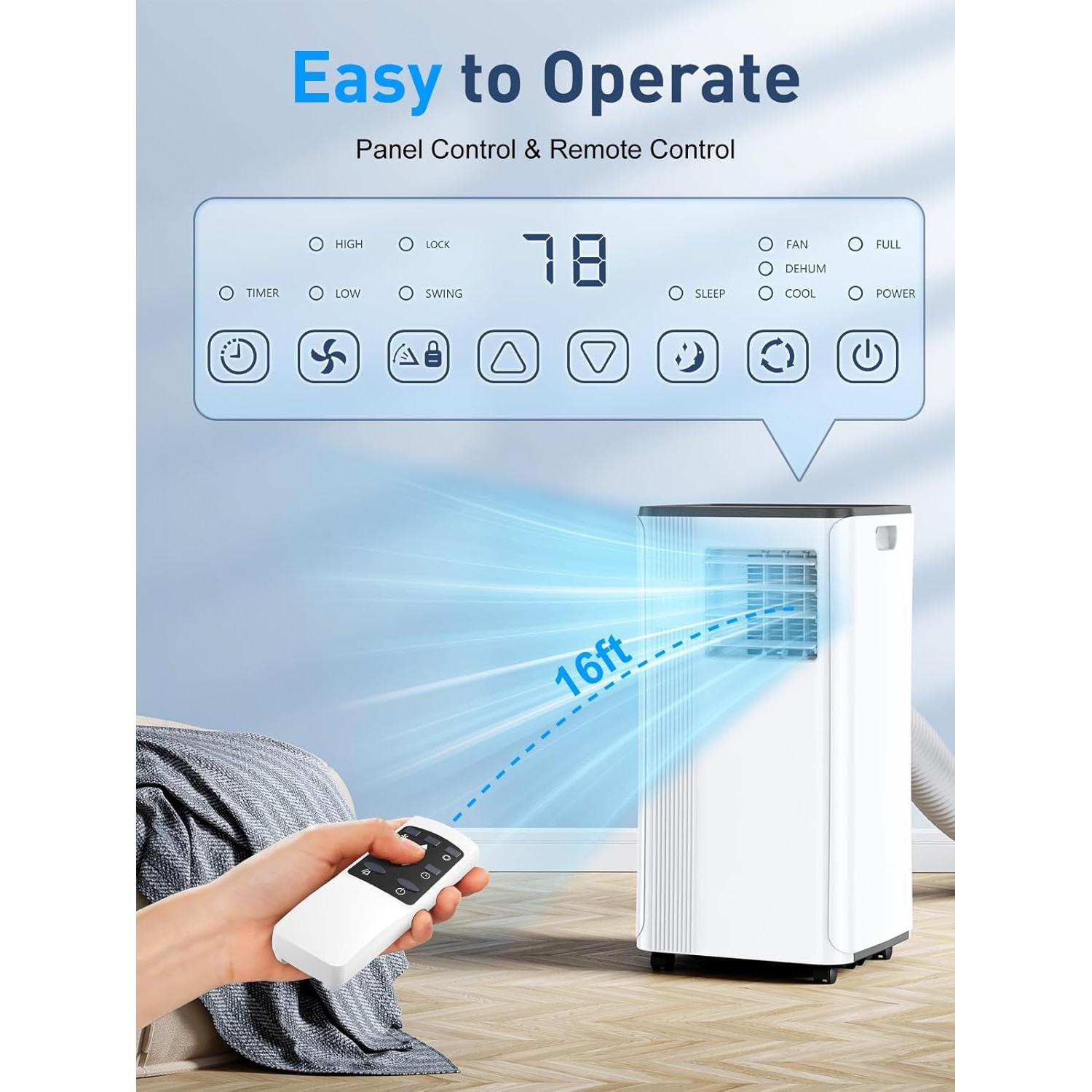 Portable Air Conditioners - 2025 Upgraded 10000 BTU Portable AC for Room up to 450 Sq. Ft, 3 in 1 AC Unit with 24H Timer, Smart Sleep Mode, Remote Control, Air Cooler for Bedroom Kitchen Small-Rooms
