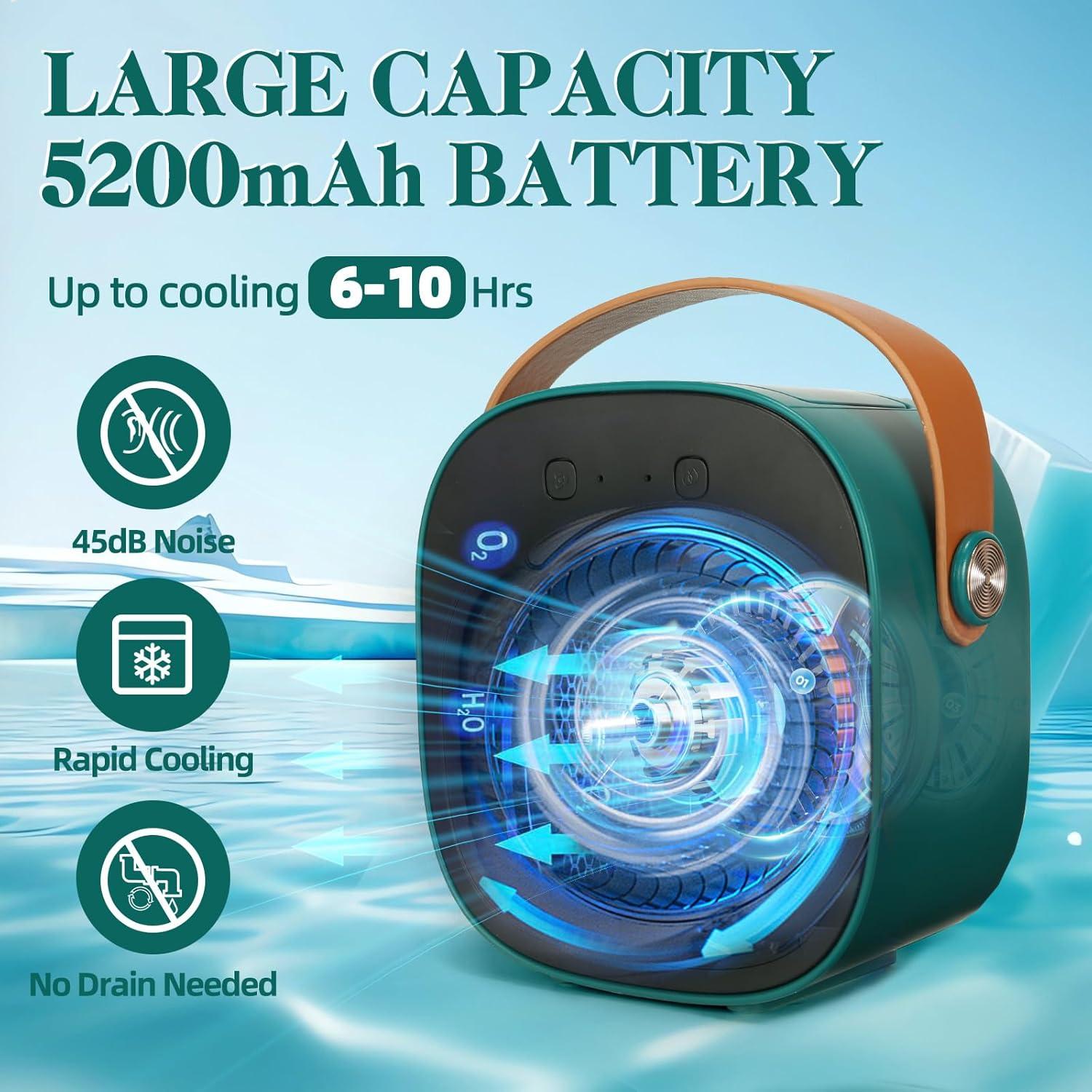 Portable Air Conditioners, 5200mAh Rechargeable Mini Air Conditioner Fan, 3 Wind Speeds Quiet Personal Small Desk Air Cooler Fan for for Bedroom, Car, Home, Camping, Travel, and Office