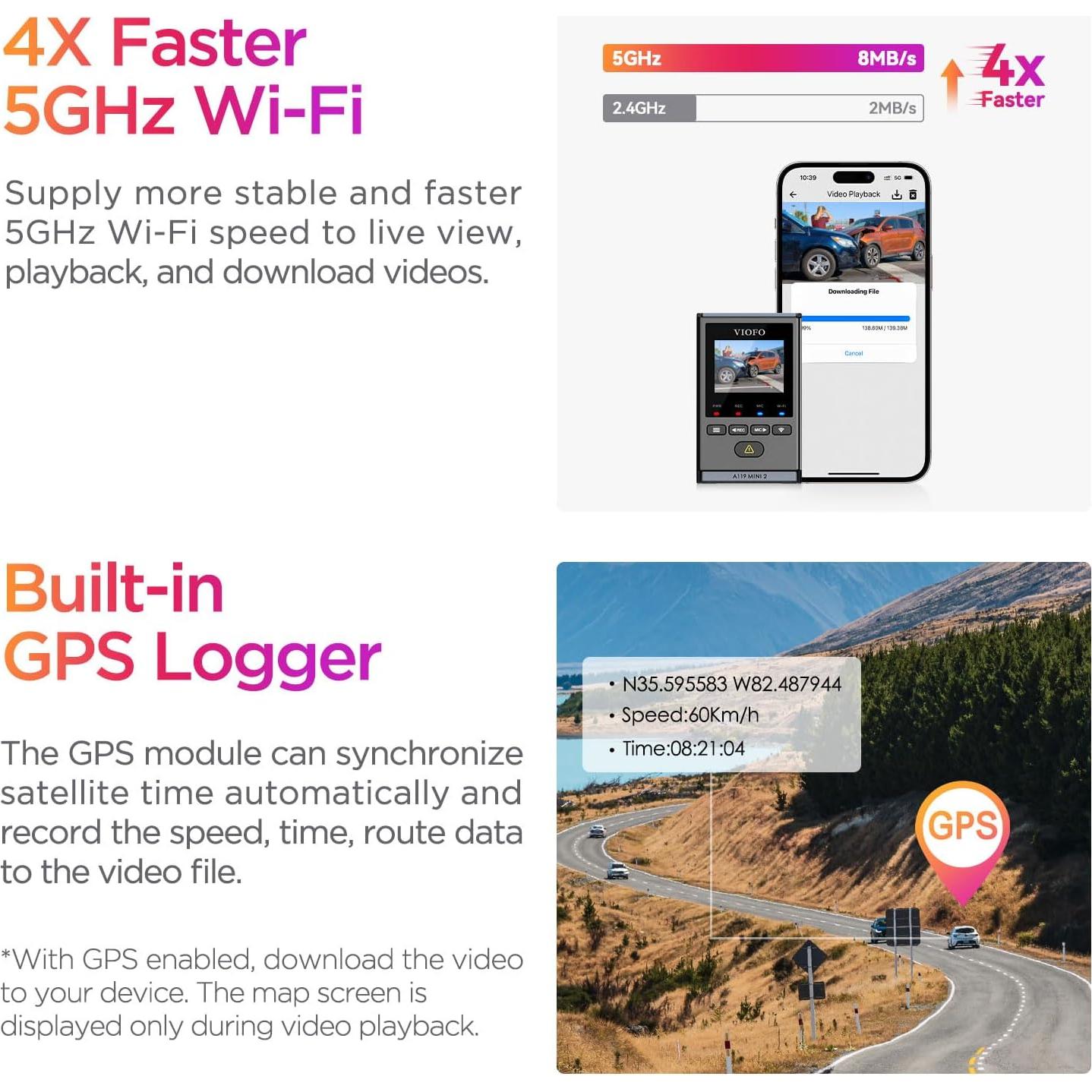 Cámara Dash VIOFO A119 Mini 2 2K 60fps GPS Wi-Fi 5GHz