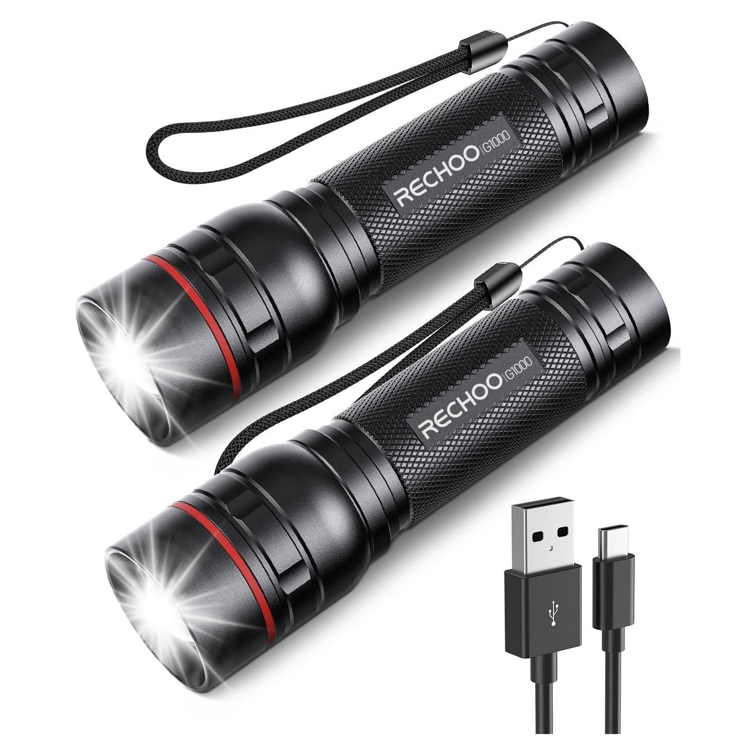 Linternas Recargables RECHOO G1000 LED 3 Modos 2 Paquete