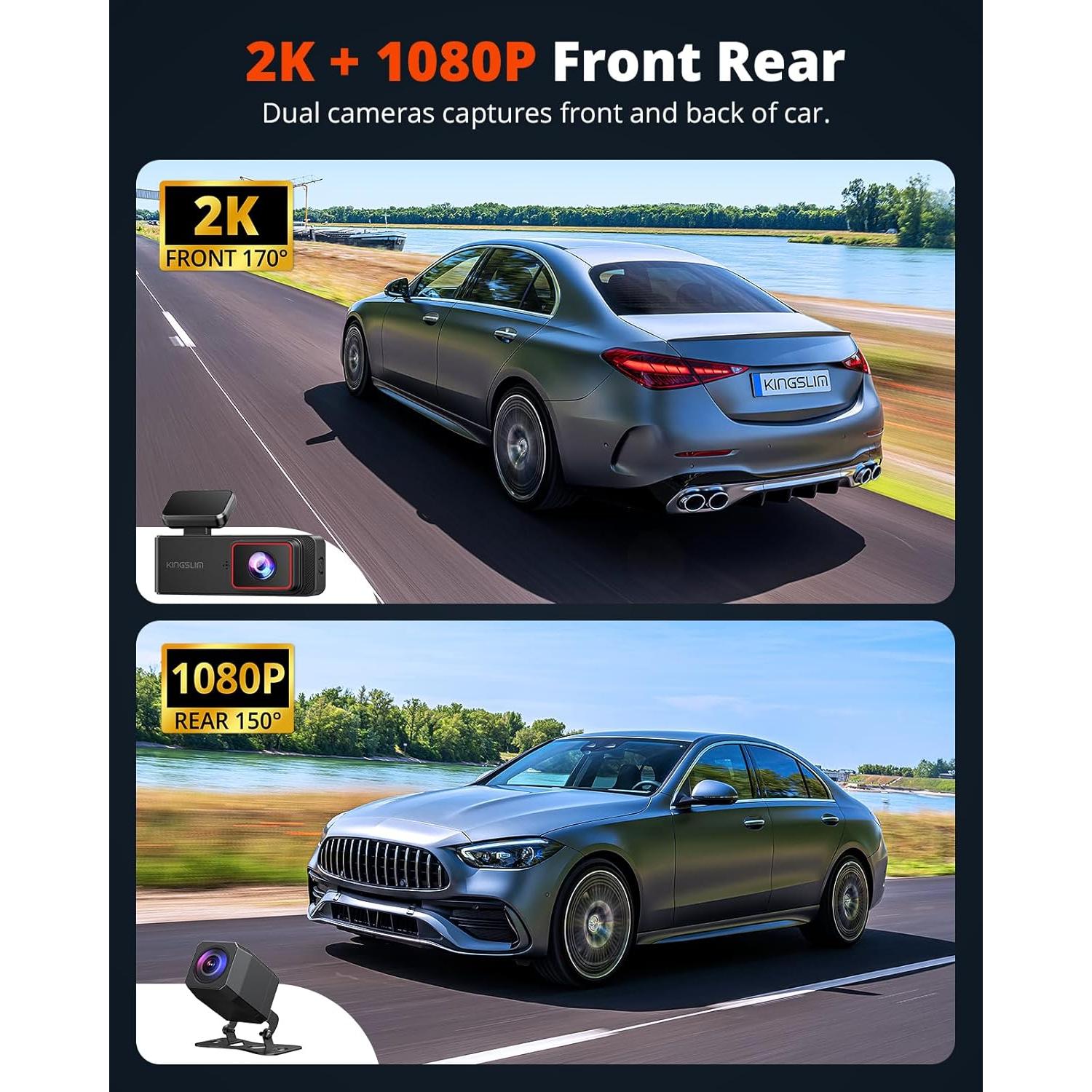 Cámara Dash 2K Delantera y Trasera Kingslim con 64GB