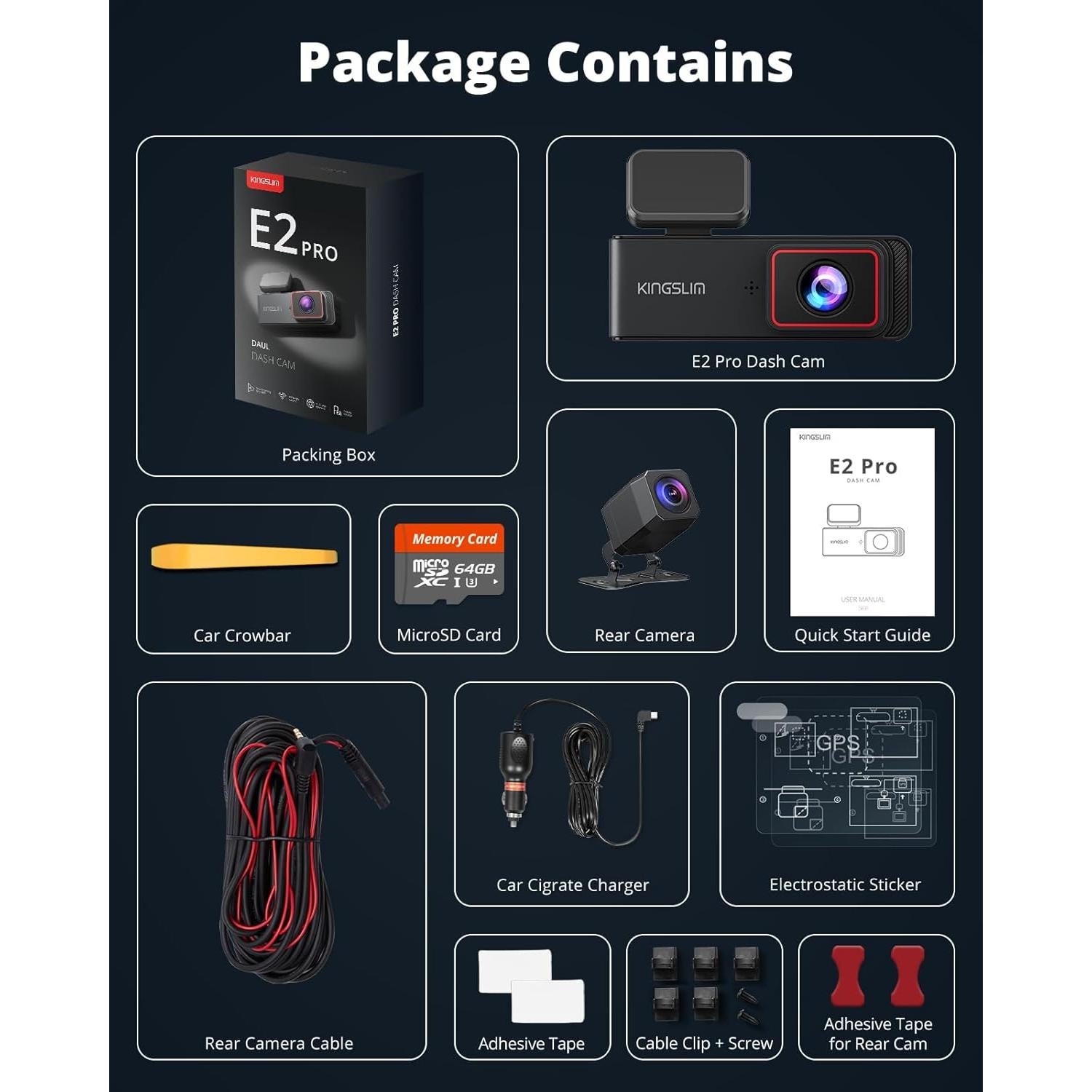 Cámara Dash 2K Delantera y Trasera Kingslim con 64GB