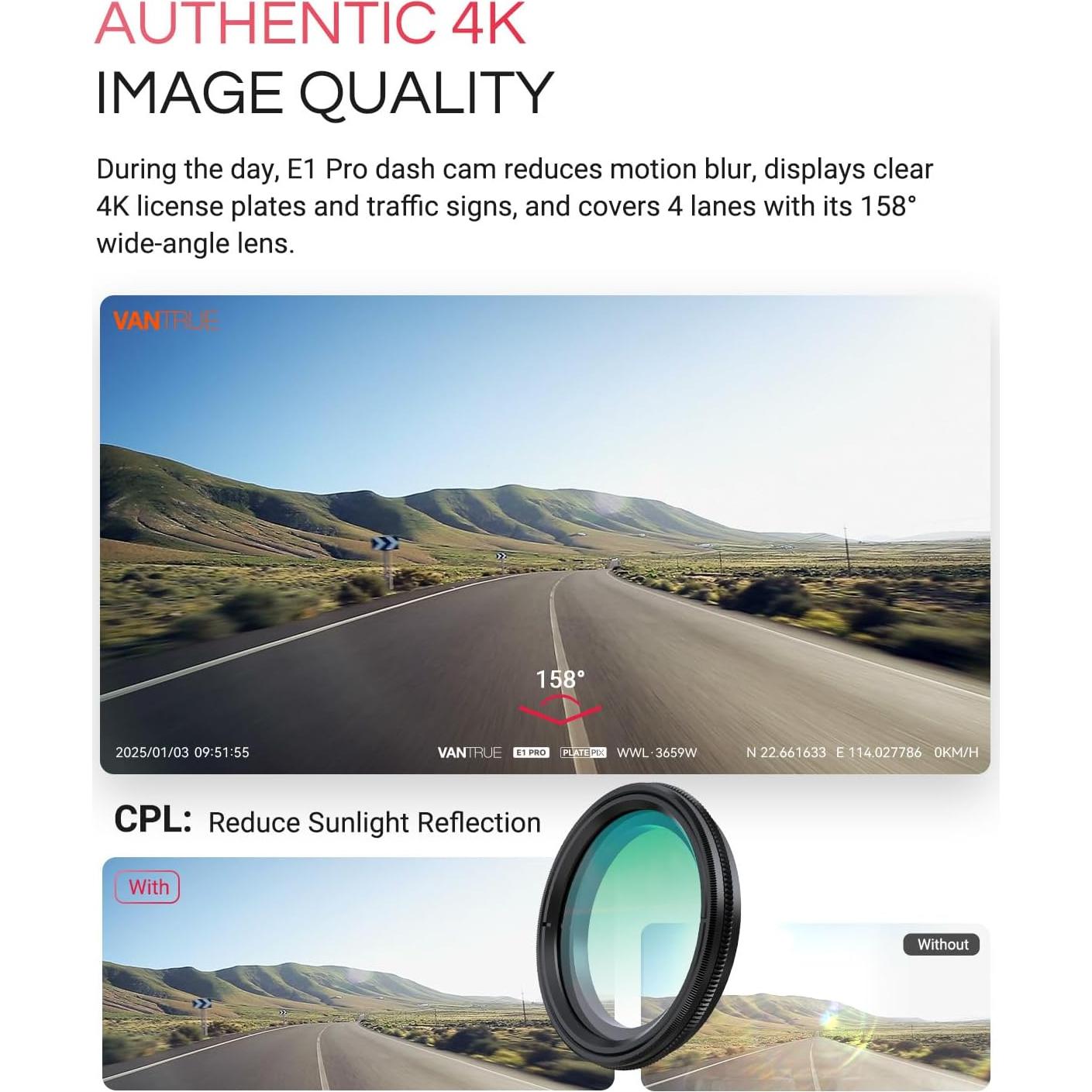 Cámara de Tablero Vantrue E1 Pro 4K con GPS y WiFi 5G